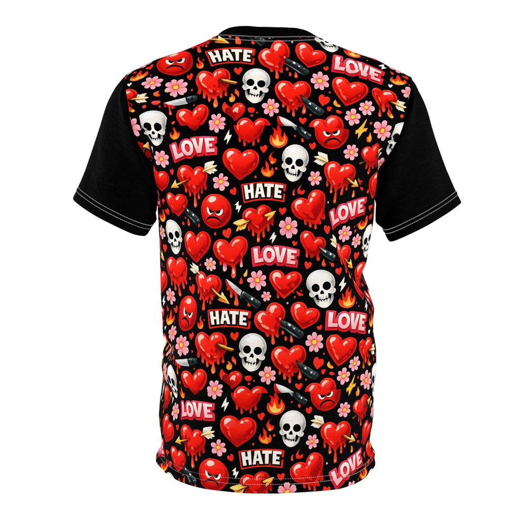 Love & Hate Heart Skull Tee — All-Over Print Graphic Shirt