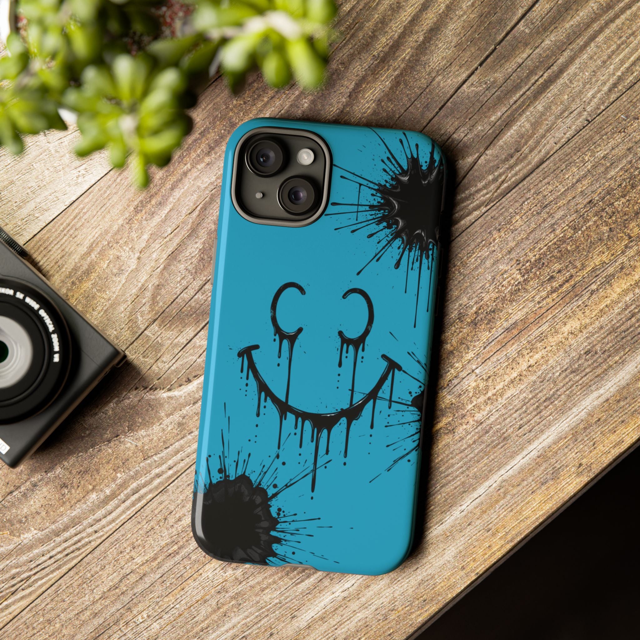 Protective Phone Case — Blue Drip Smile Splatter Design