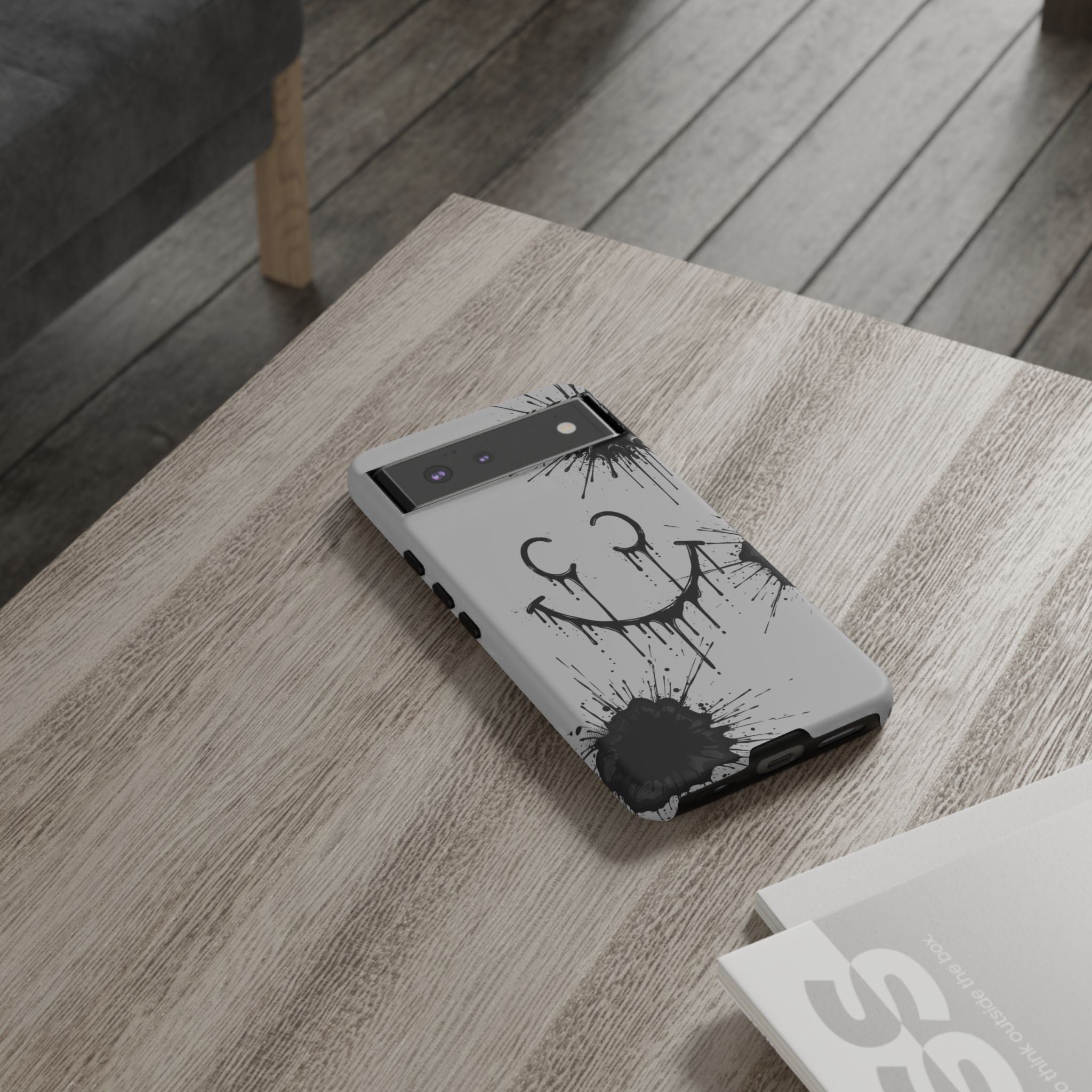 Protective Phone Case — Gray Drip Smile Splatter Design