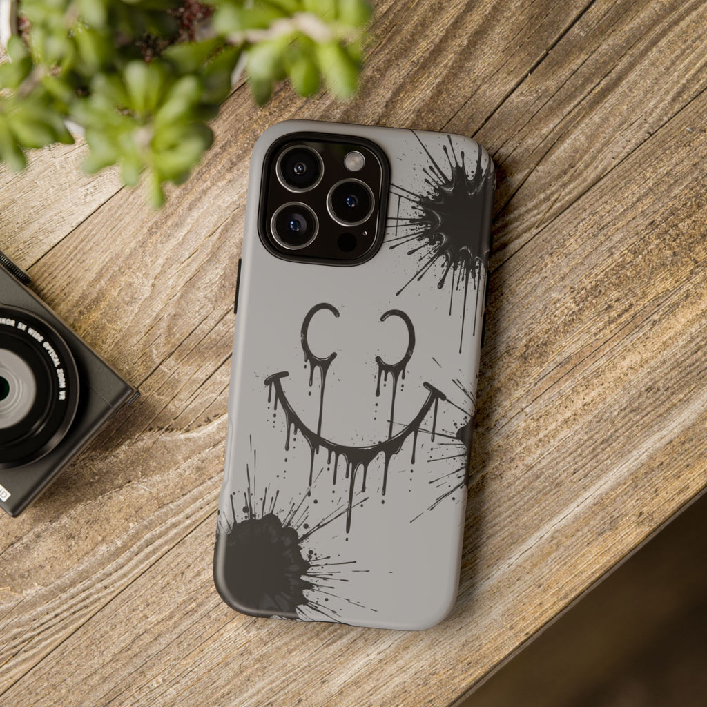 Protective Phone Case — Gray Drip Smile Splatter Design