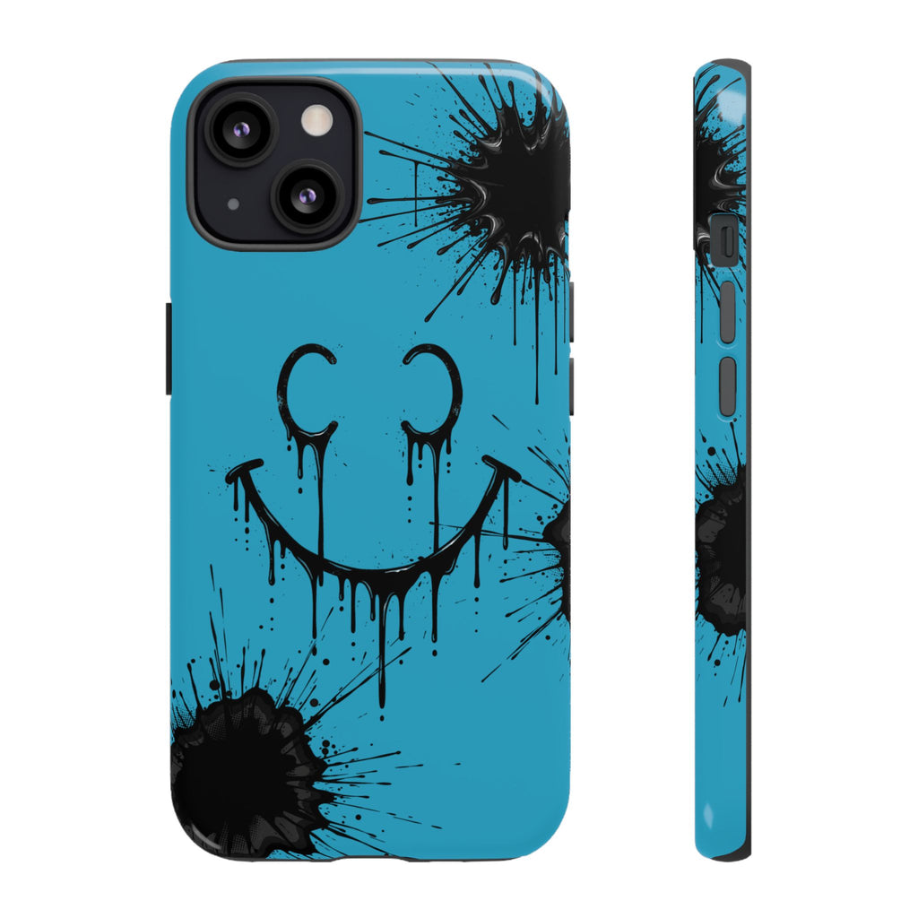 Protective Phone Case — Blue Drip Smile Splatter Design