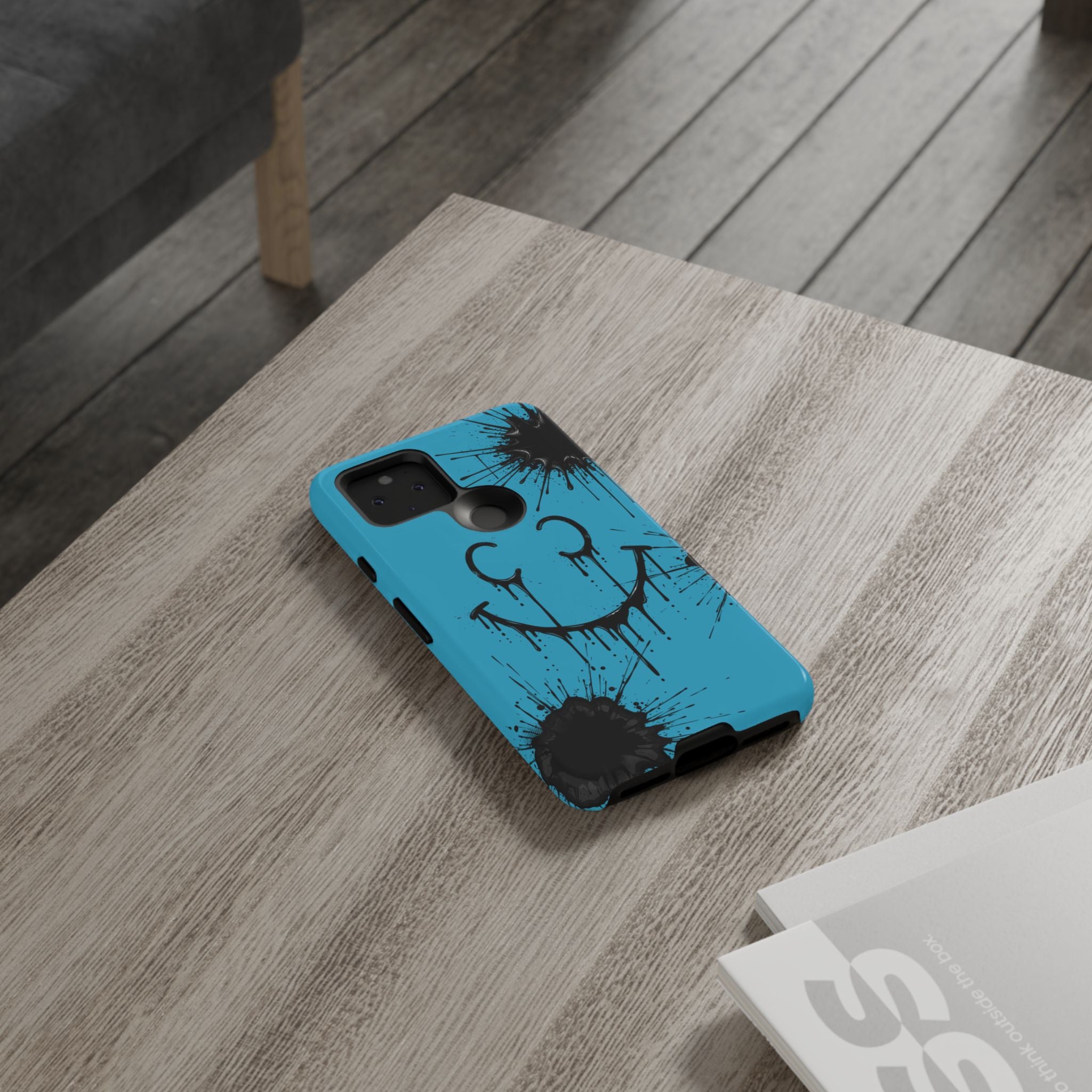 Protective Phone Case — Blue Drip Smile Splatter Design