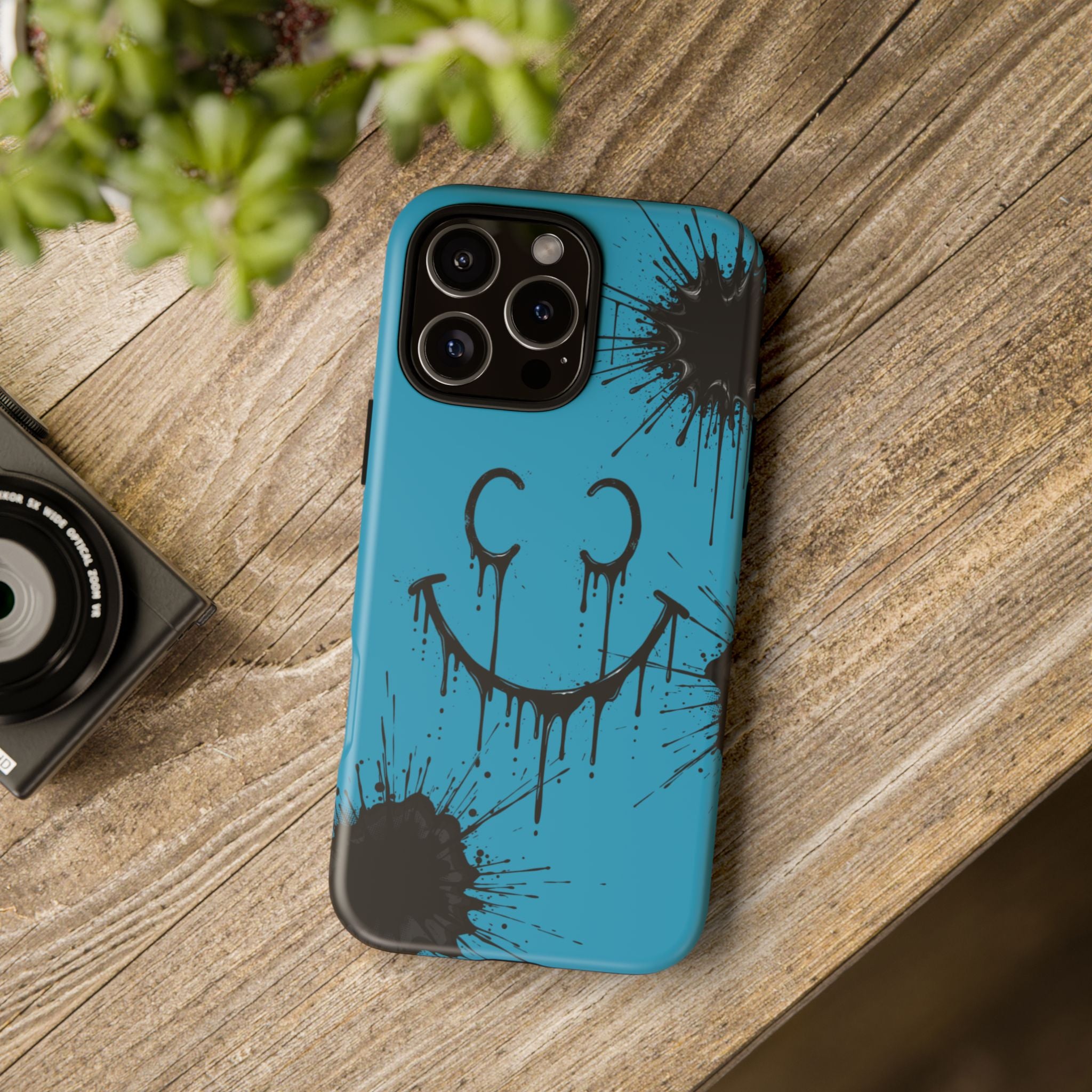 Protective Phone Case — Blue Drip Smile Splatter Design