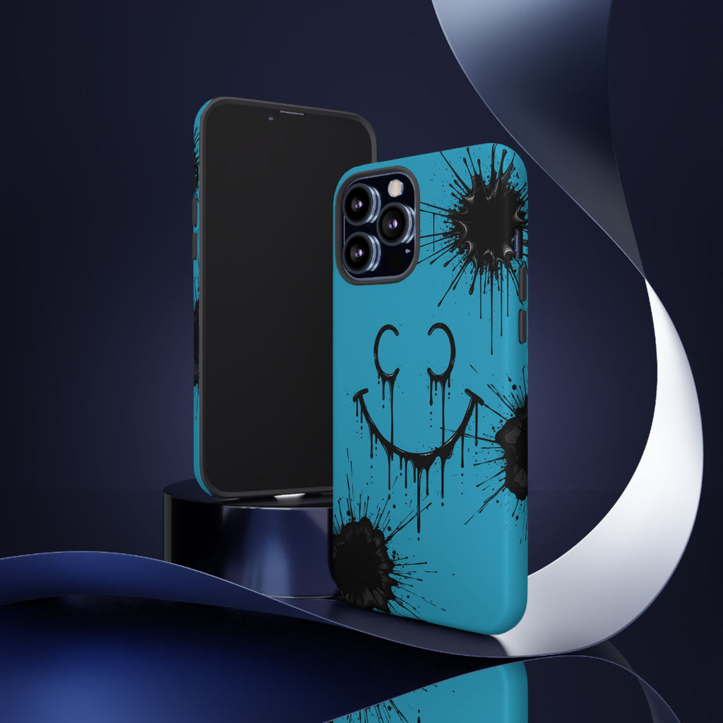 Protective Phone Case — Blue Drip Smile Splatter Design