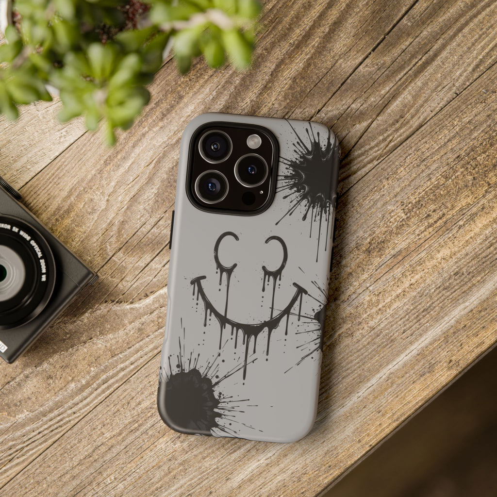 Protective Phone Case — Gray Drip Smile Splatter Design