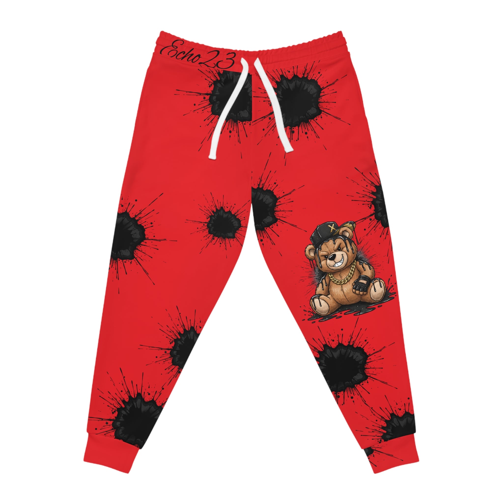 Ink Splatter Teddy Joggers — Grunge Athletic Sweatpants with Smiley Detail