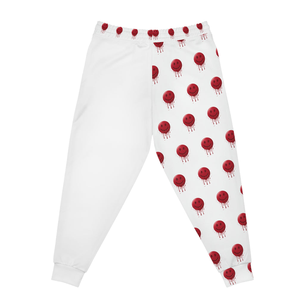White Joggers with Red Dripping Smile Pattern — Graphic Athletic Sweatpants