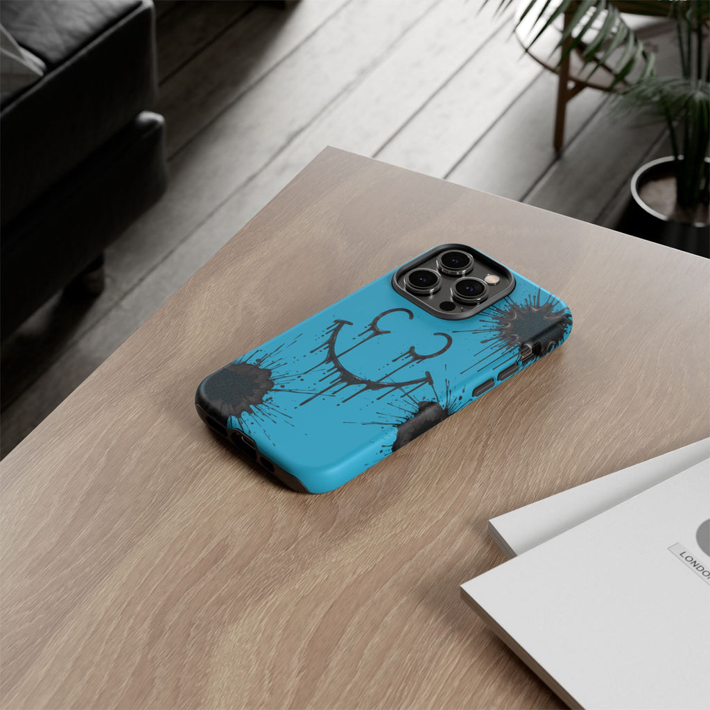 Protective Phone Case — Blue Drip Smile Splatter Design