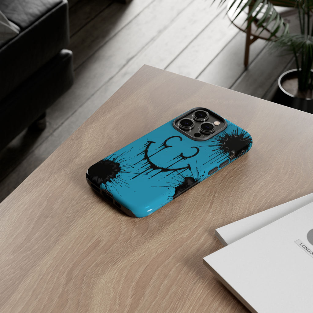 Protective Phone Case — Blue Drip Smile Splatter Design