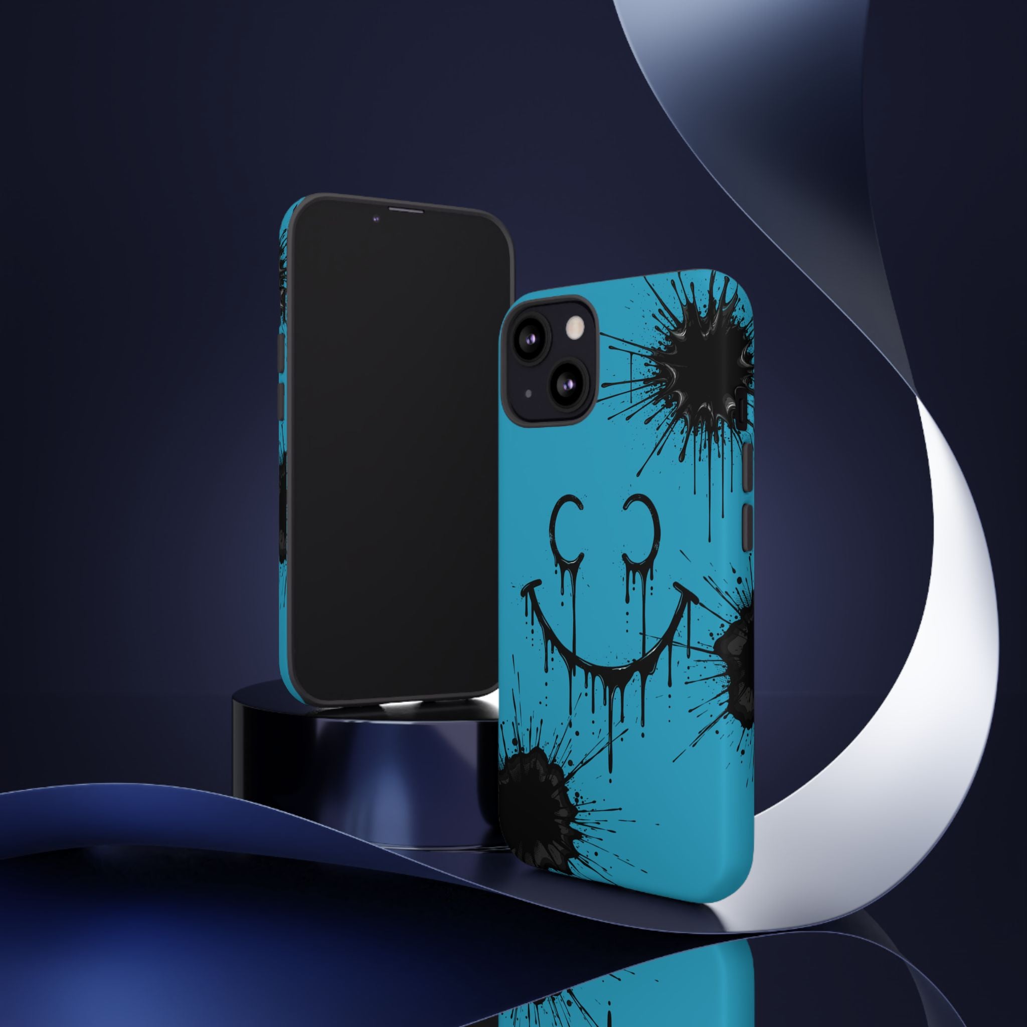 Protective Phone Case — Blue Drip Smile Splatter Design