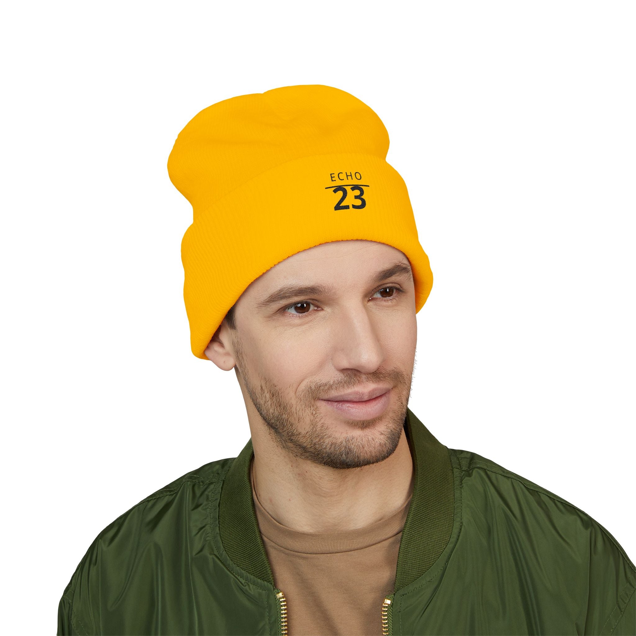 Echo 23 Embroidered Cuffed Beanie — Minimal Knit Winter Hat