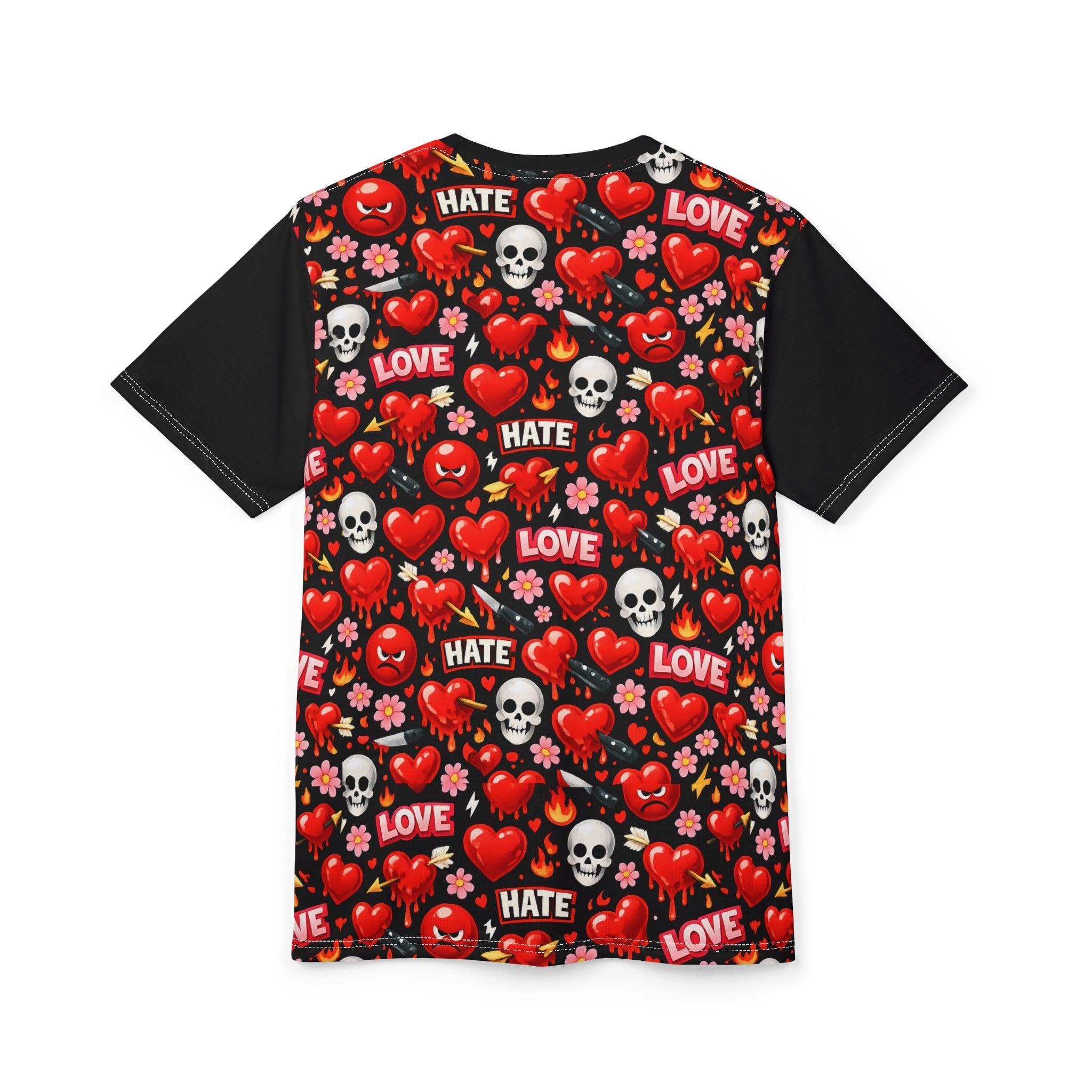 Love & Hate Heart Skull Tee — All-Over Print Graphic Shirt
