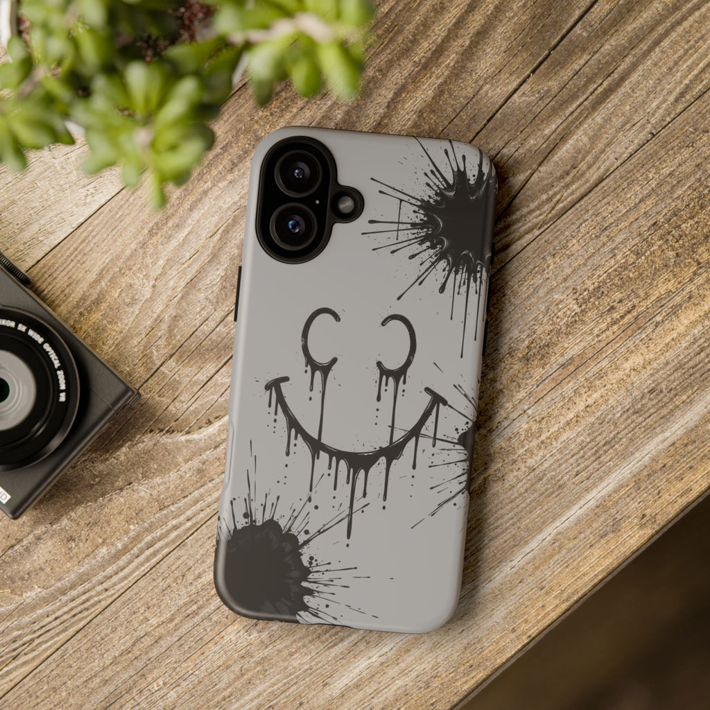 Protective Phone Case — Gray Drip Smile Splatter Design