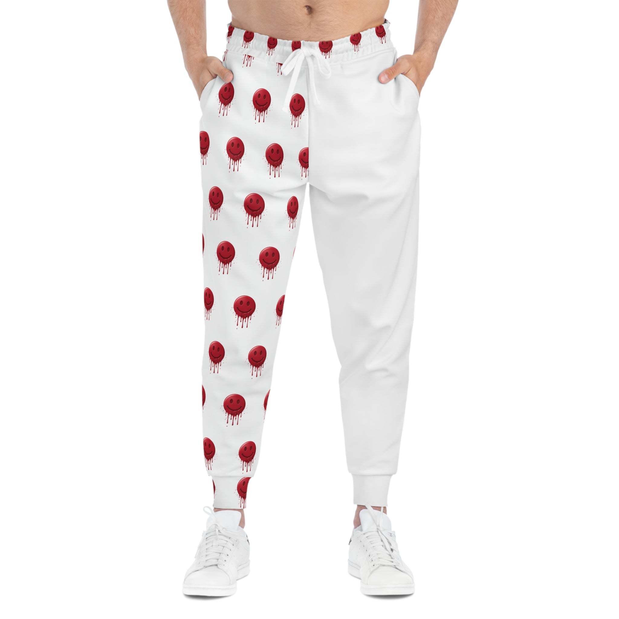 White Joggers with Red Dripping Smile Pattern — Graphic Athletic Sweatpants