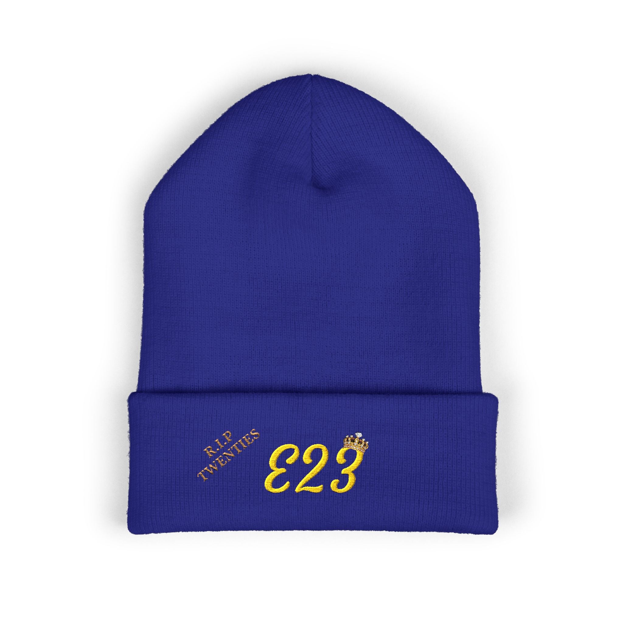 E23 Embroidered Cuffed Beanie — RIP Twenties Gold Script Knit Hat
