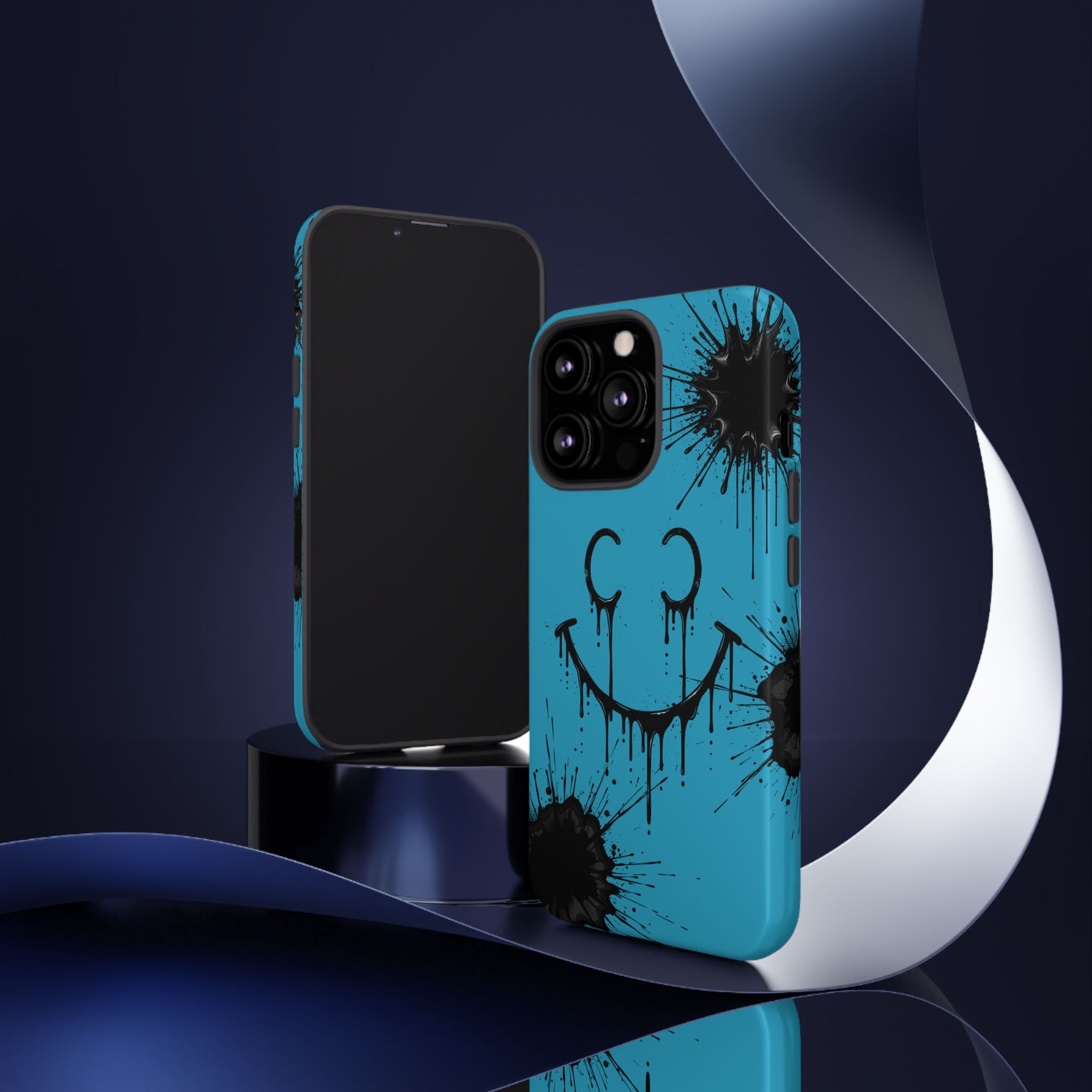 Protective Phone Case — Blue Drip Smile Splatter Design