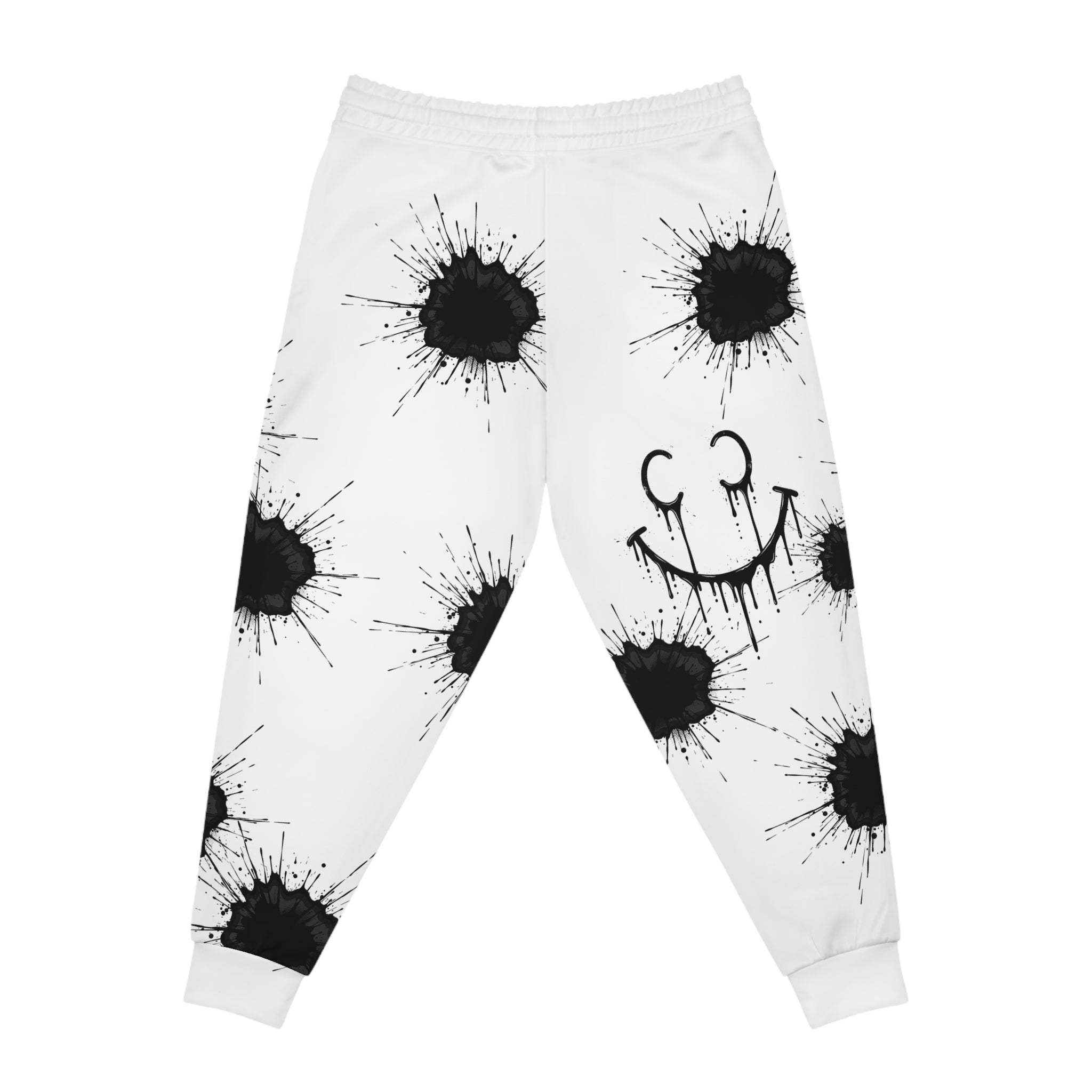 Ink Splatter Teddy Joggers — Grunge Athletic Sweatpants with Smiley Detail