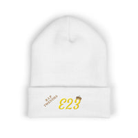 E23 Embroidered Cuffed Beanie — RIP Twenties Gold Script Knit Hat