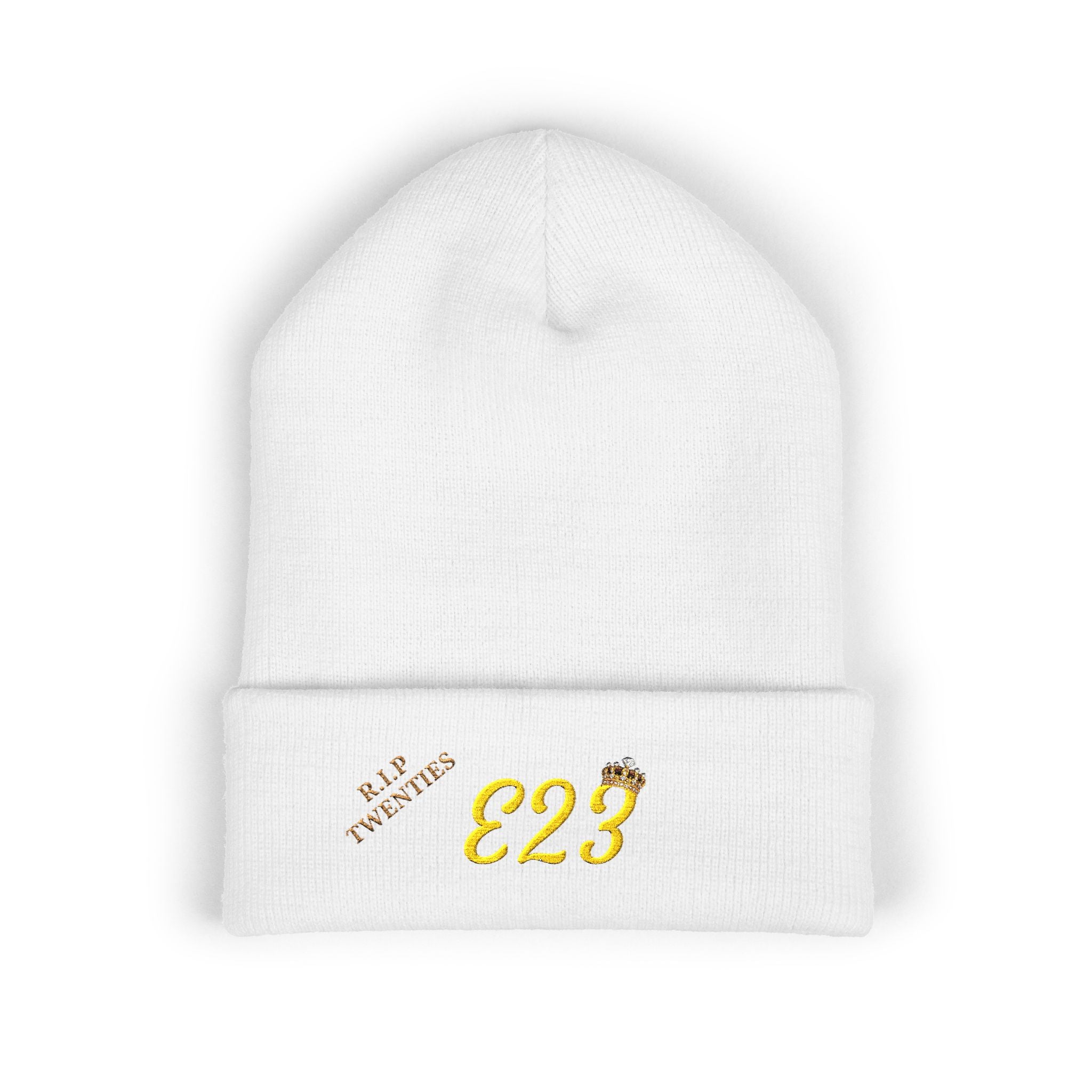 E23 Embroidered Cuffed Beanie — RIP Twenties Gold Script Knit Hat