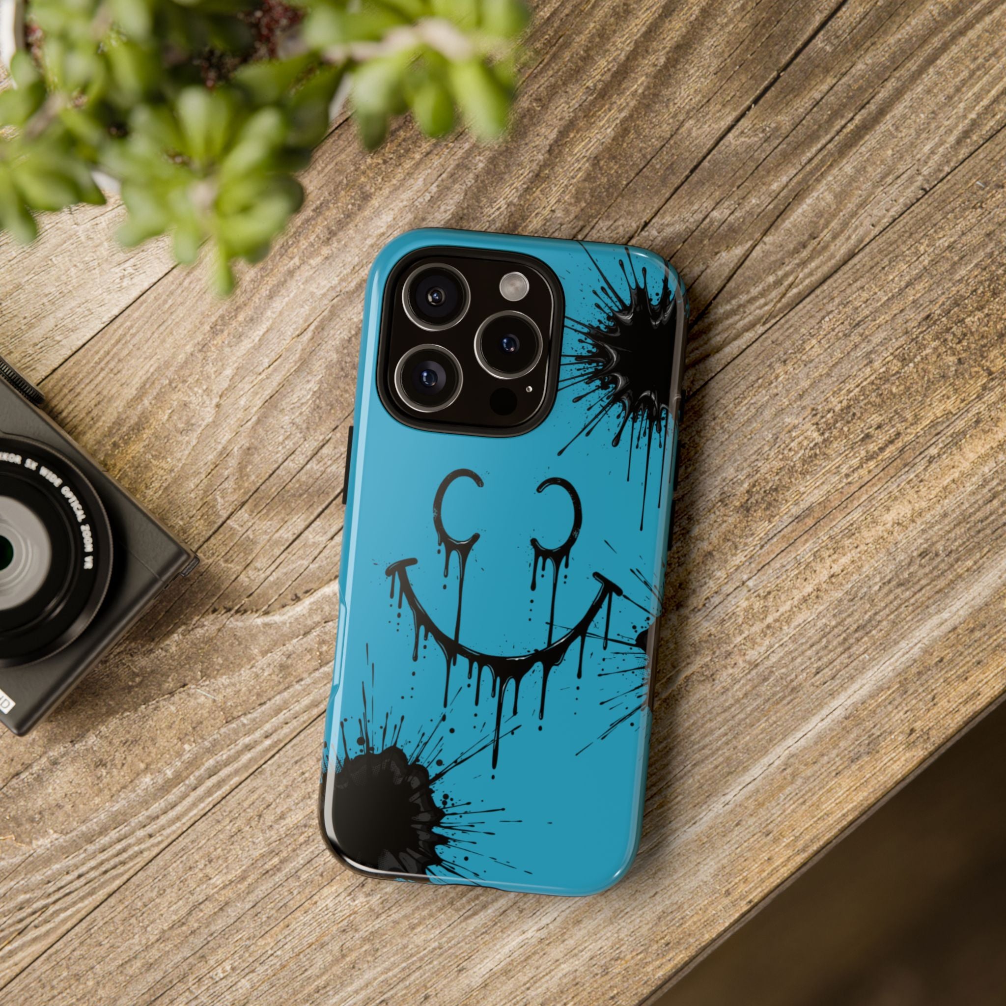 Protective Phone Case — Blue Drip Smile Splatter Design
