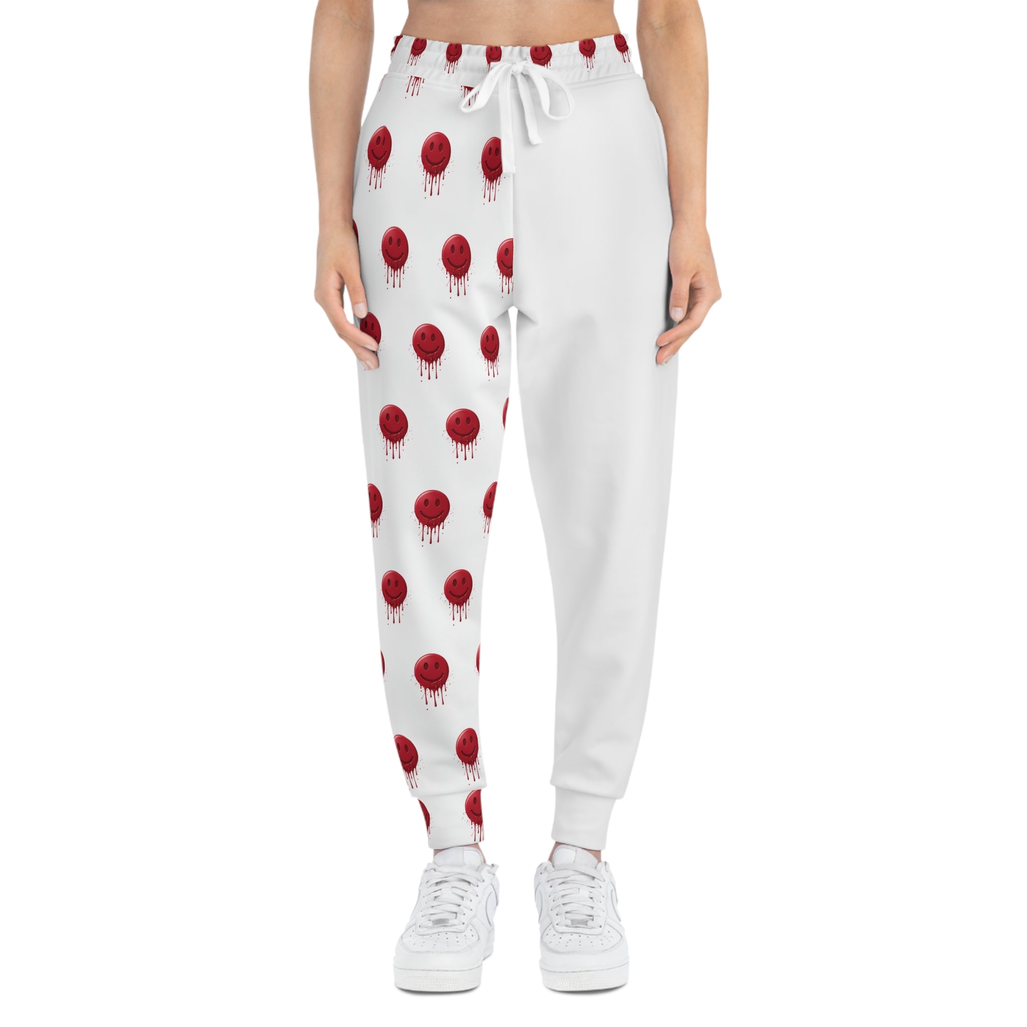 White Joggers with Red Dripping Smile Pattern — Graphic Athletic Sweatpants
