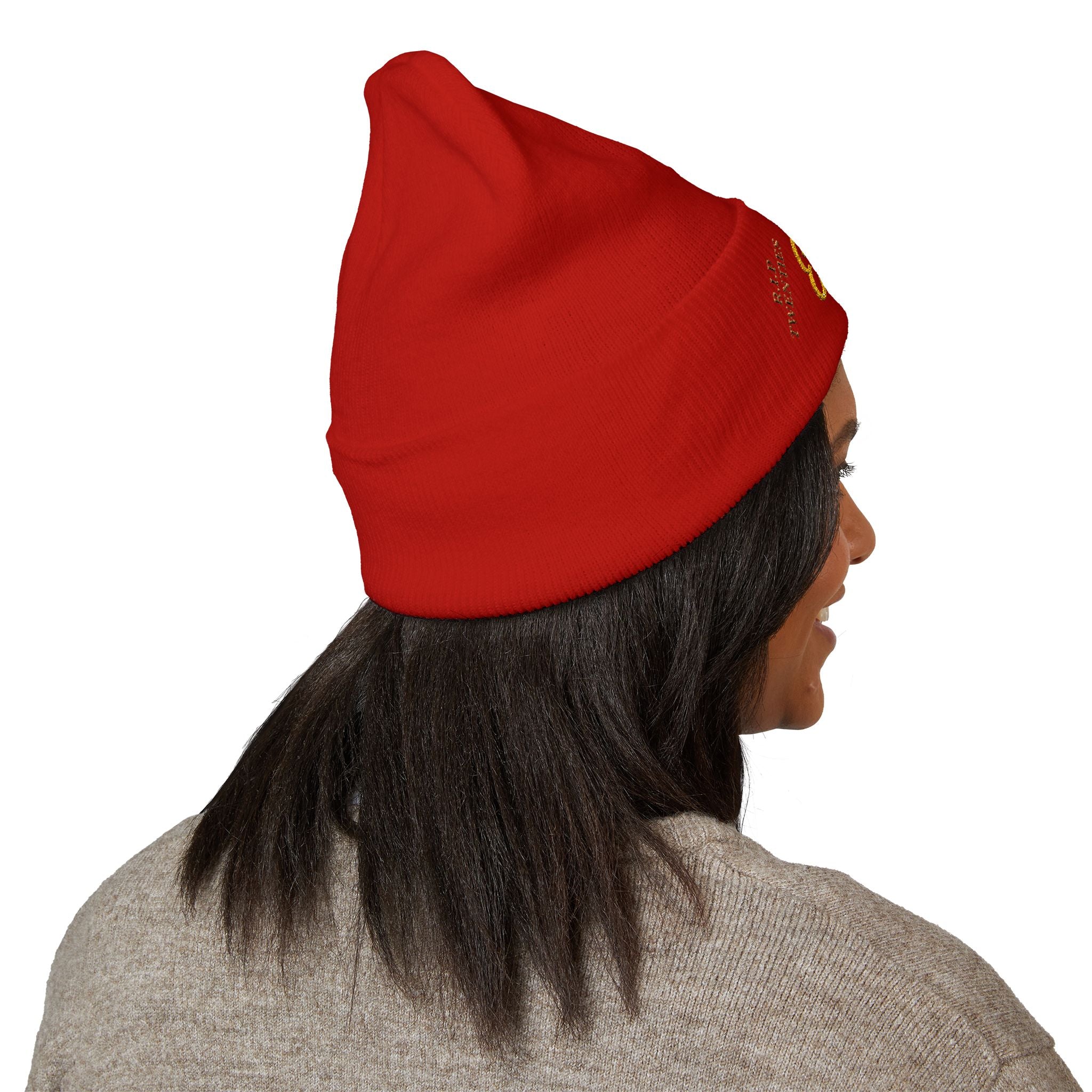 E23 Embroidered Cuffed Beanie — RIP Twenties Gold Script Knit Hat