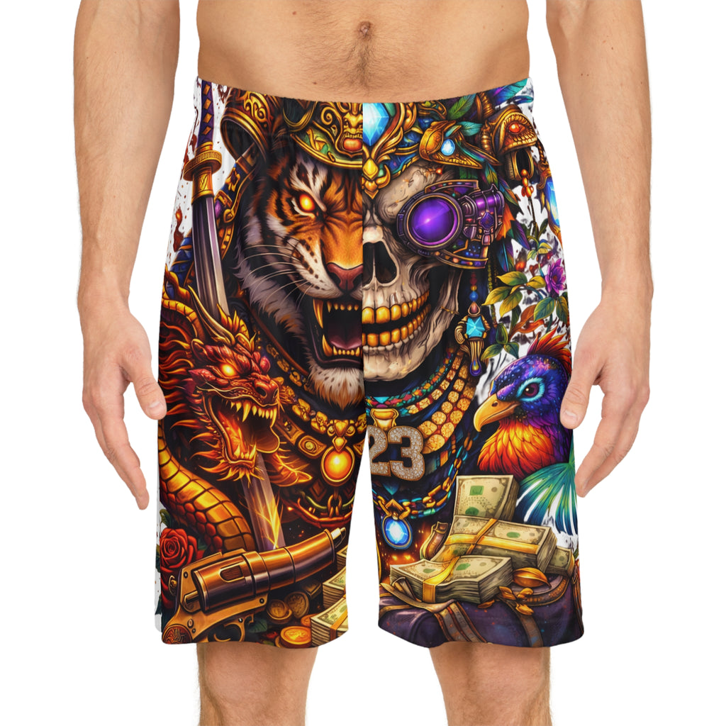 Basketball Shorts — Bold Tiger Skull & Dragon All-Over Print