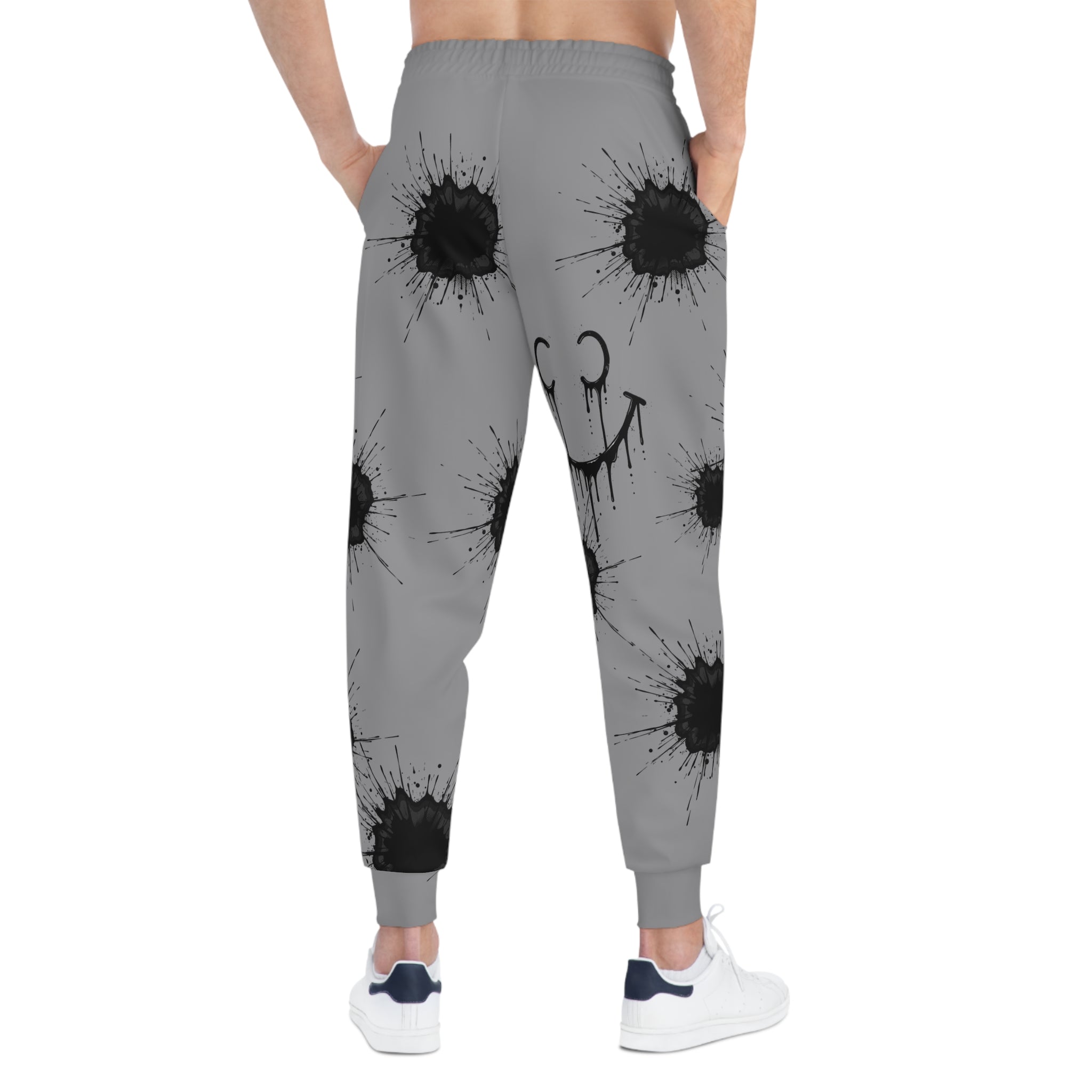 Ink Splatter Teddy Joggers — Grunge Athletic Sweatpants with Smiley Detail