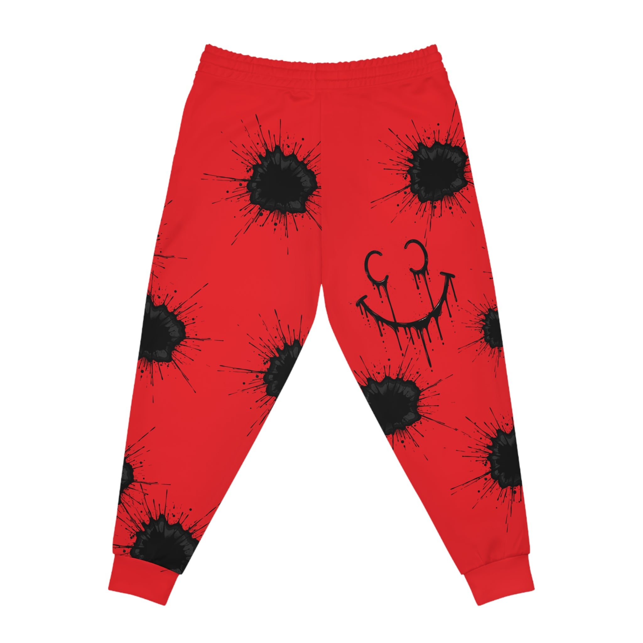 Ink Splatter Teddy Joggers — Grunge Athletic Sweatpants with Smiley Detail