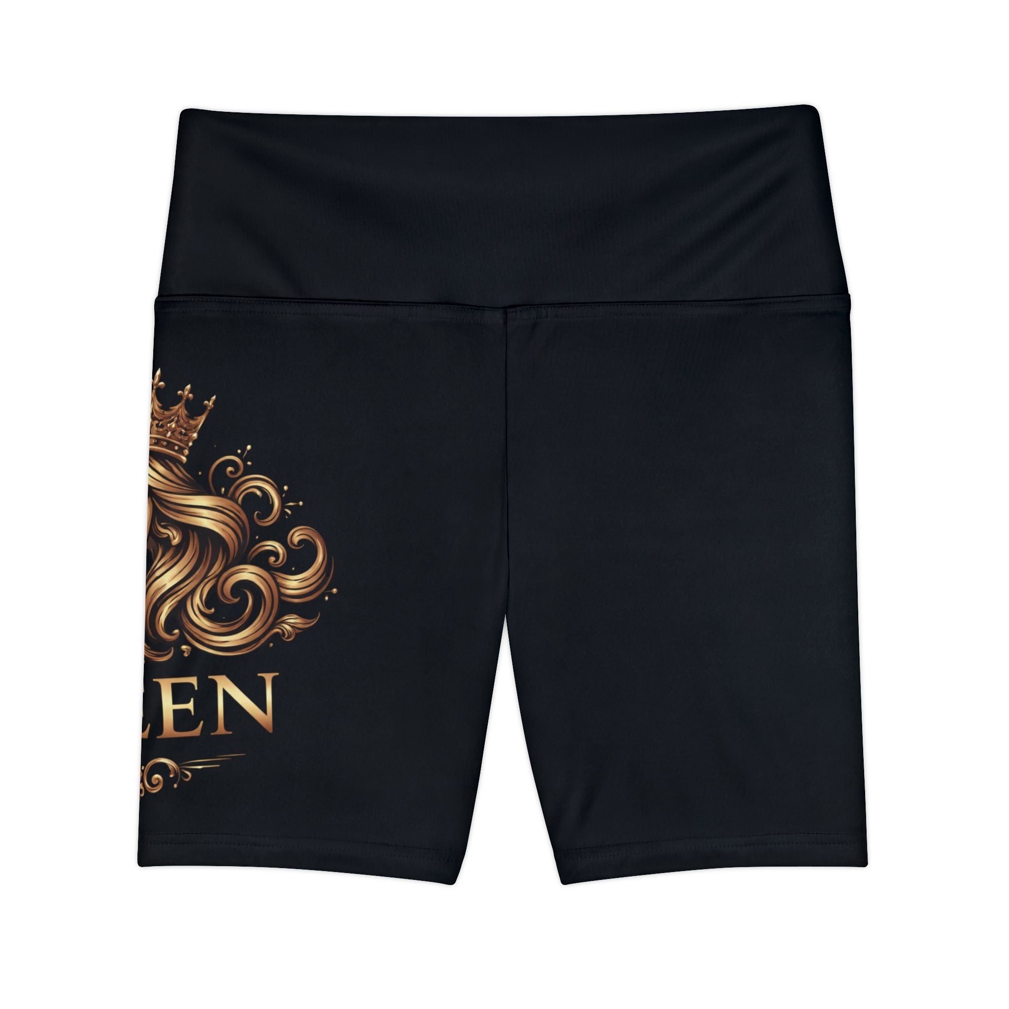 Queen Fitness Shorts — Women's Black High-Waist Workout Biker Shorts with Crown Graphic