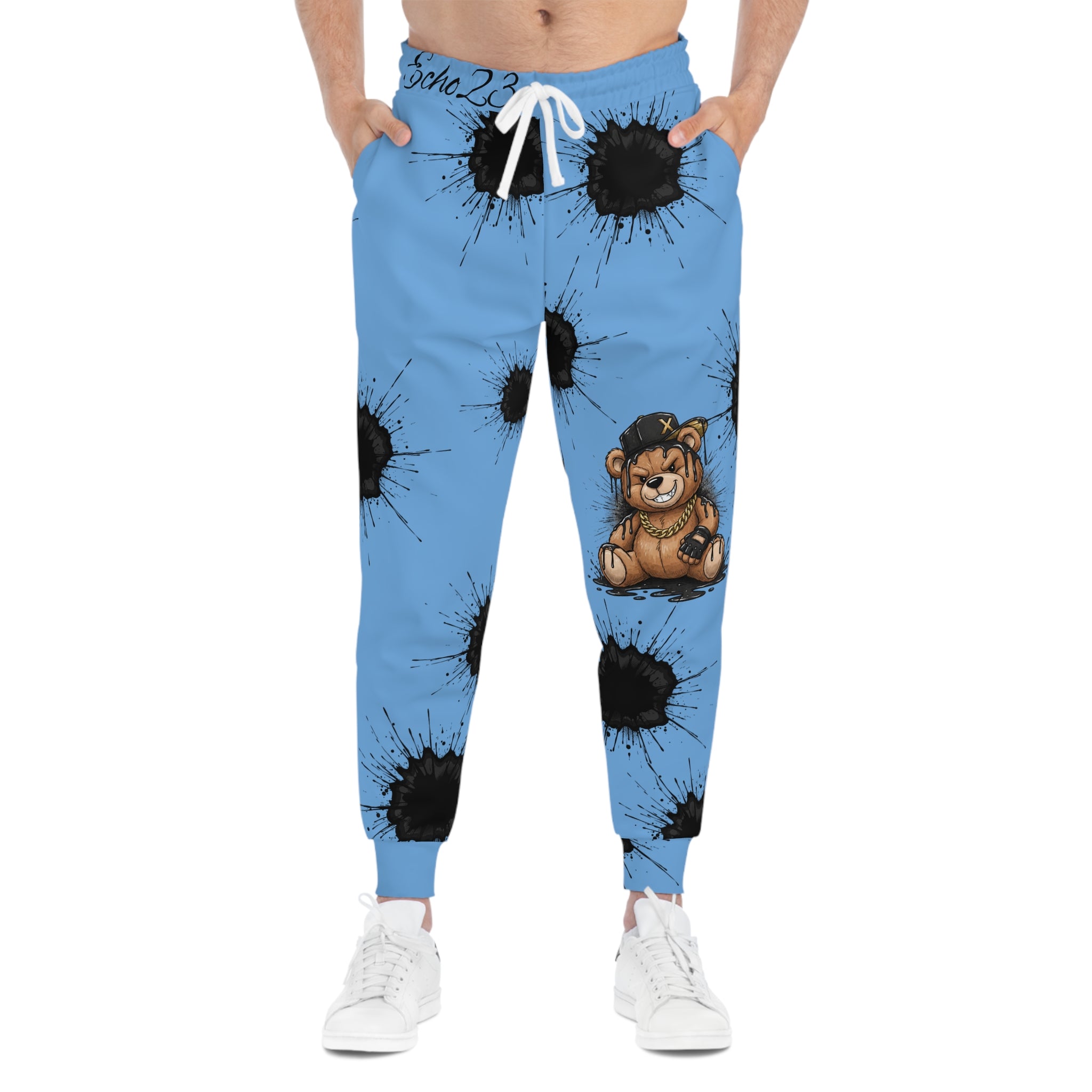Ink Splatter Teddy Joggers — Grunge Athletic Sweatpants with Smiley Detail