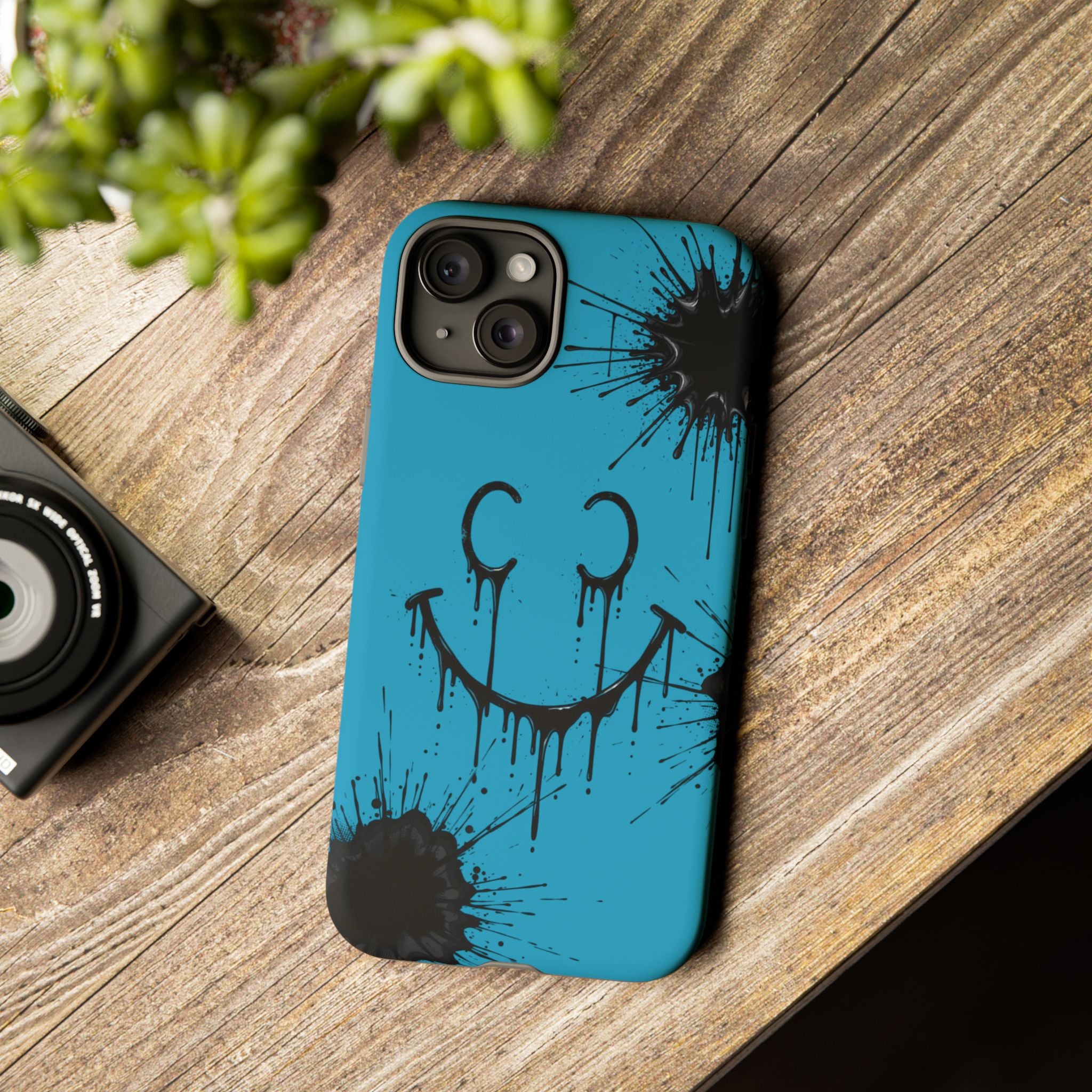 Protective Phone Case — Blue Drip Smile Splatter Design