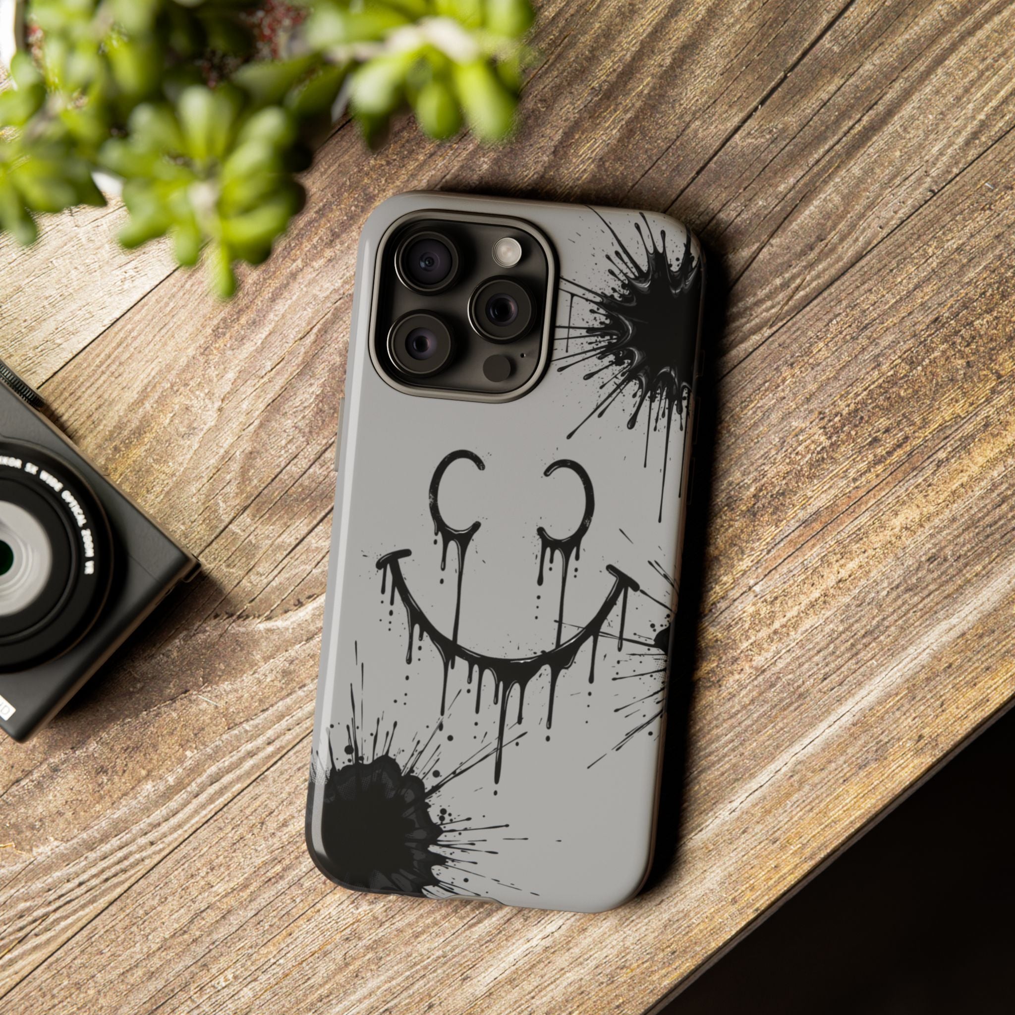 Protective Phone Case — Gray Drip Smile Splatter Design