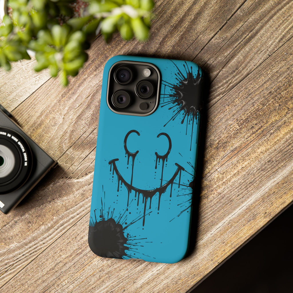 Protective Phone Case — Blue Drip Smile Splatter Design