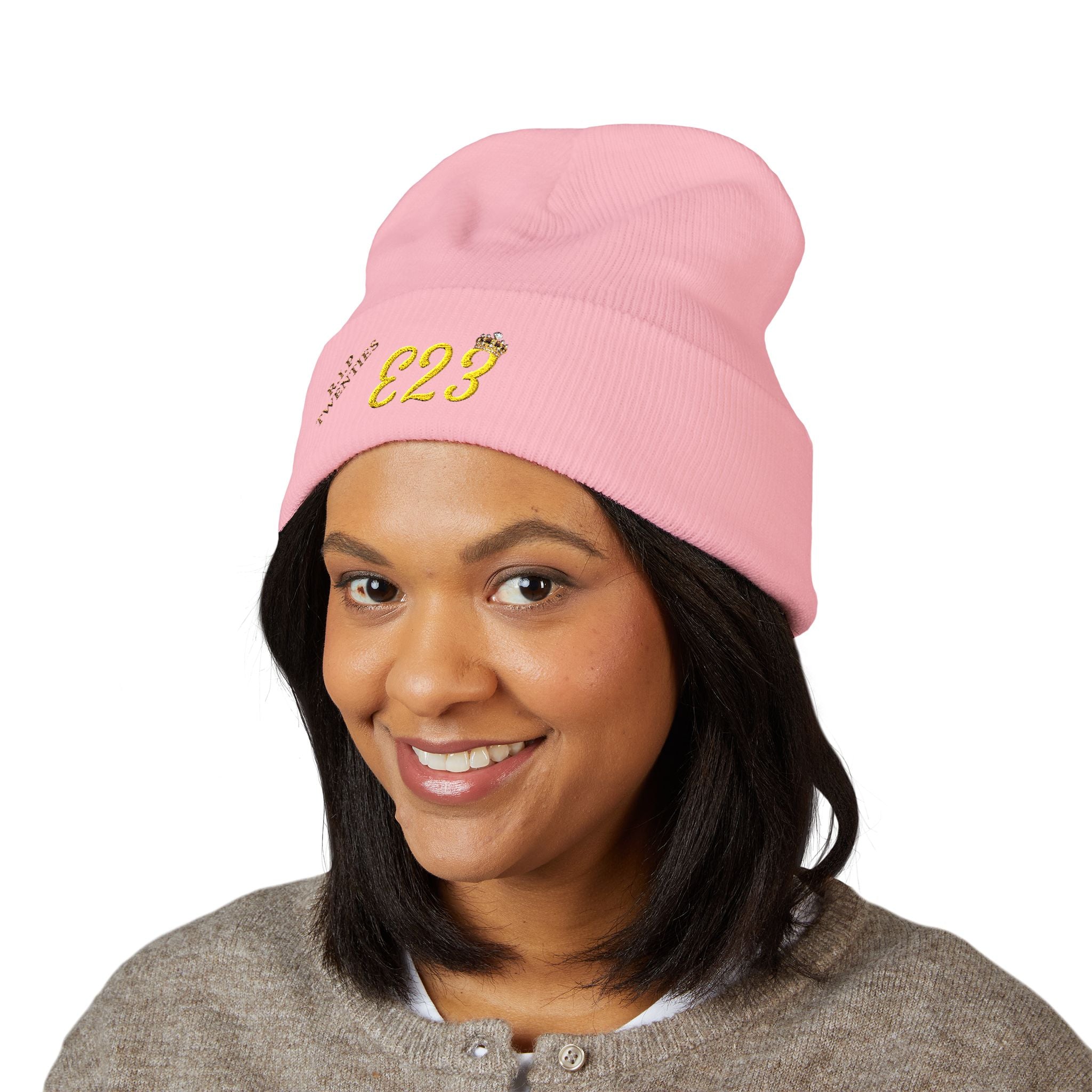 E23 Embroidered Cuffed Beanie — RIP Twenties Gold Script Knit Hat