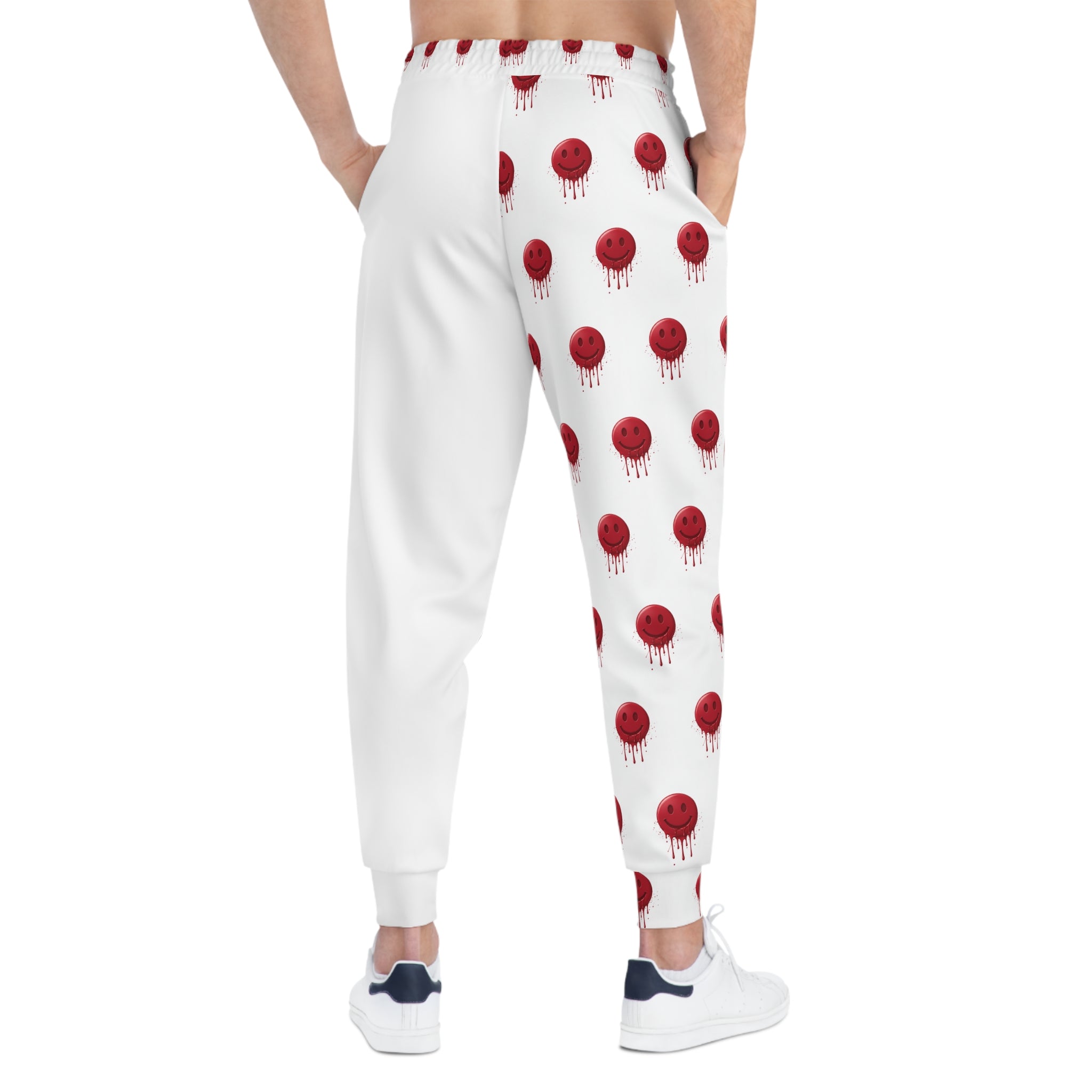 White Joggers with Red Dripping Smile Pattern — Graphic Athletic Sweatpants
