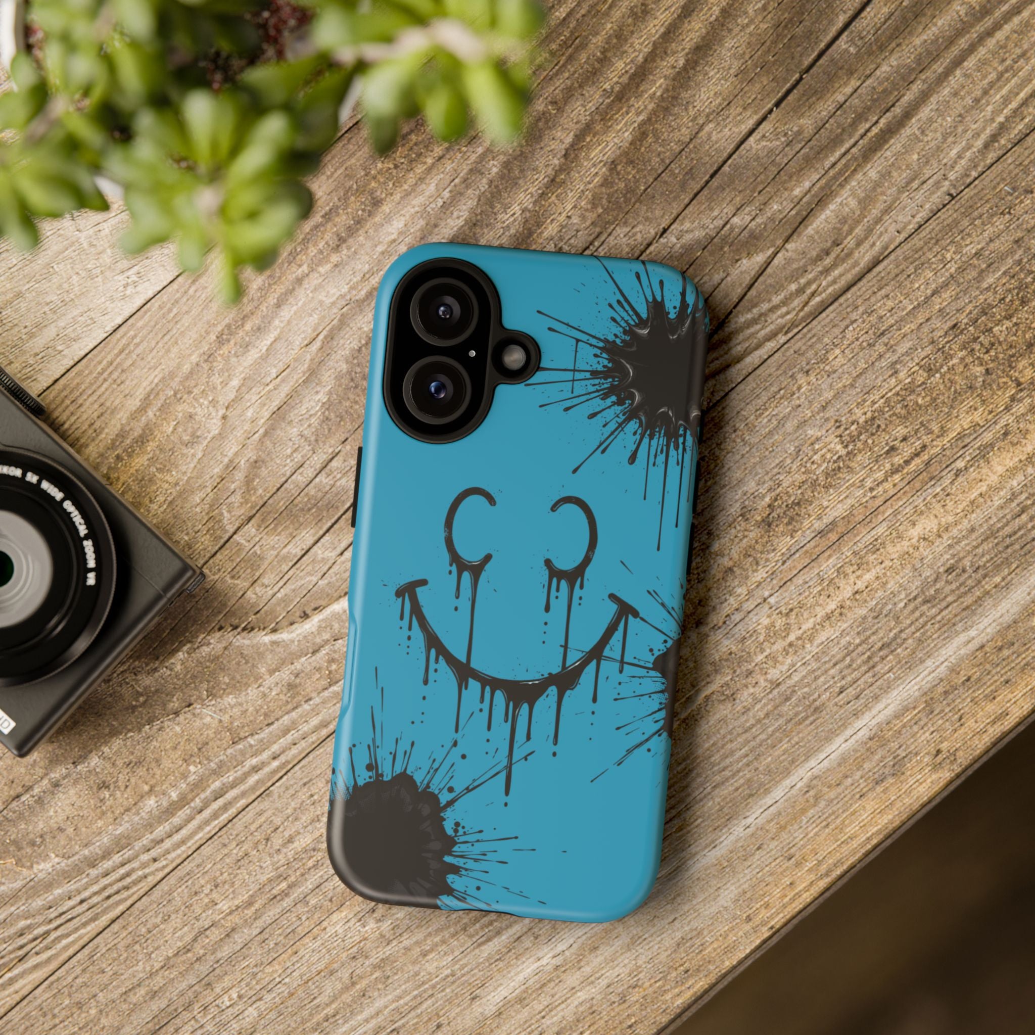 Protective Phone Case — Blue Drip Smile Splatter Design