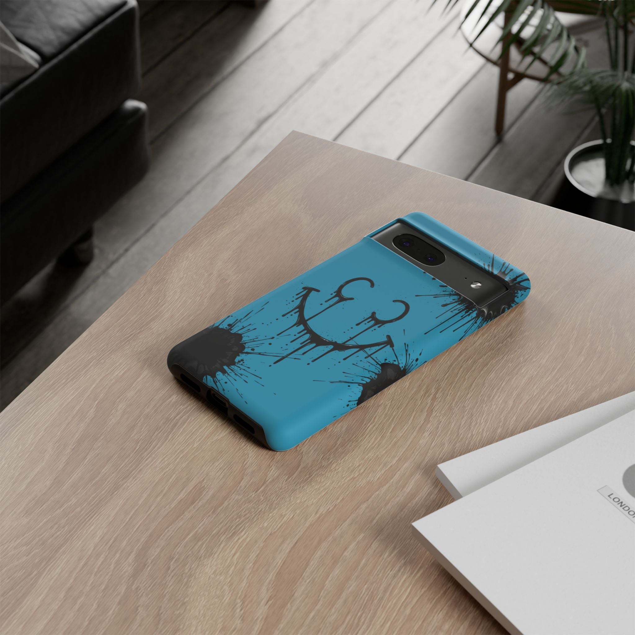 Protective Phone Case — Blue Drip Smile Splatter Design
