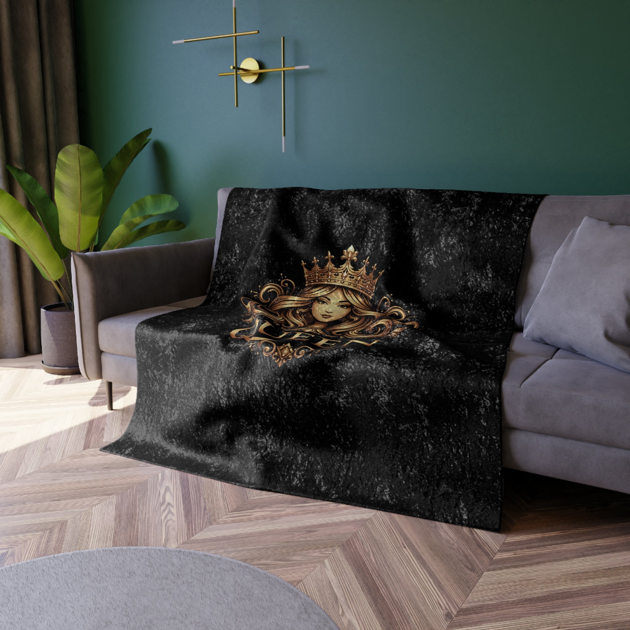 Queen Crushed Velvet Blanket — Luxurious Gold Crown Design for Women, Royal Throw Gift