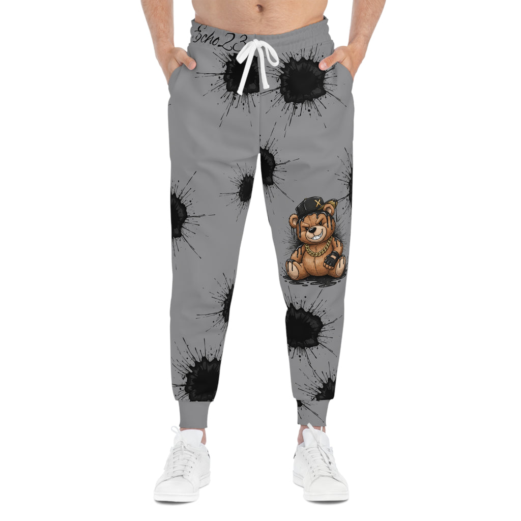 Ink Splatter Teddy Joggers — Grunge Athletic Sweatpants with Smiley Detail