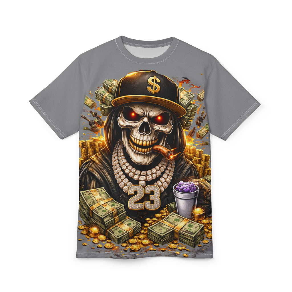 Skull Hustle All-Over Print Tee — Money, Chains & No.23 Urban Graphic Shirt