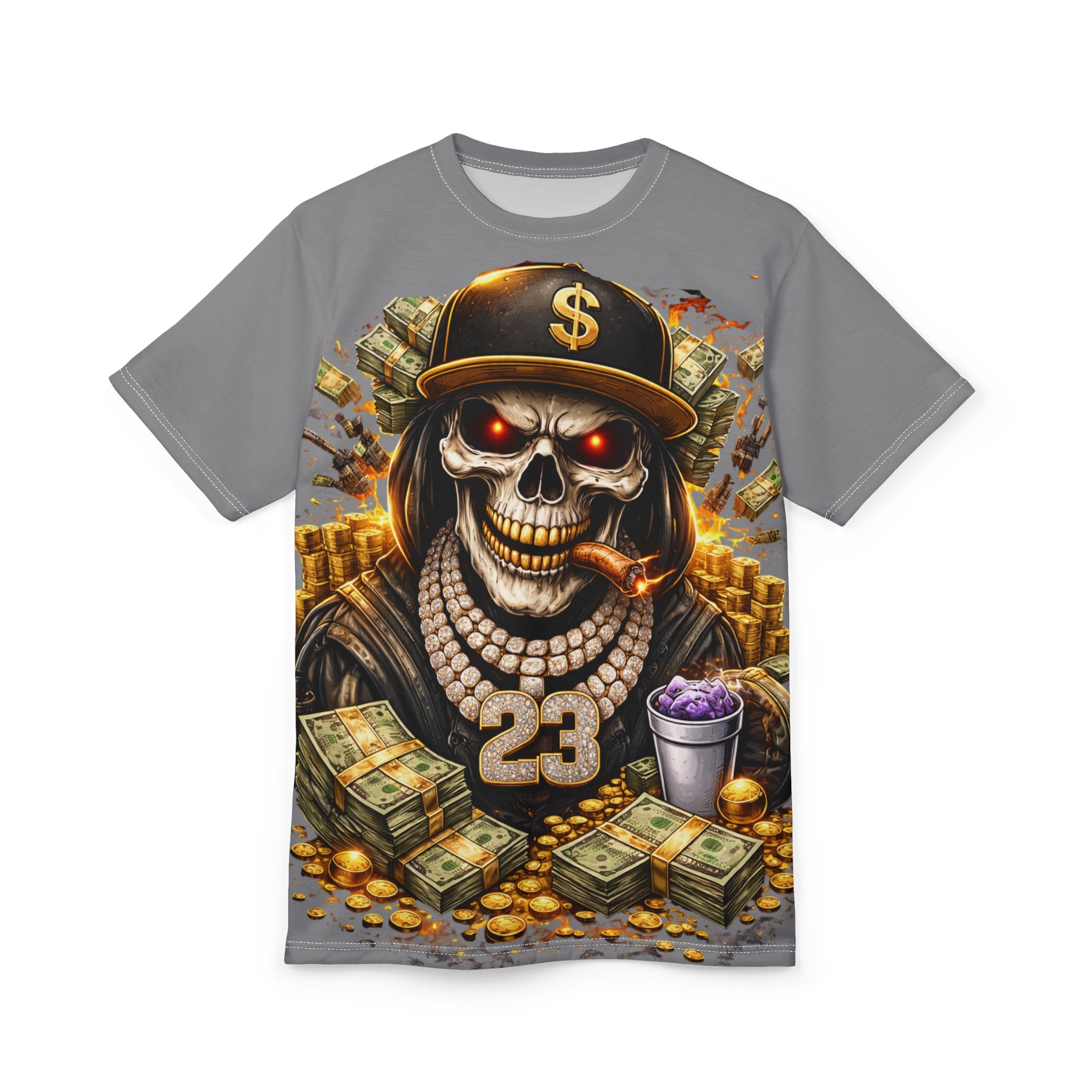 Skull Hustle All-Over Print Tee — Money, Chains & No.23 Urban Graphic Shirt