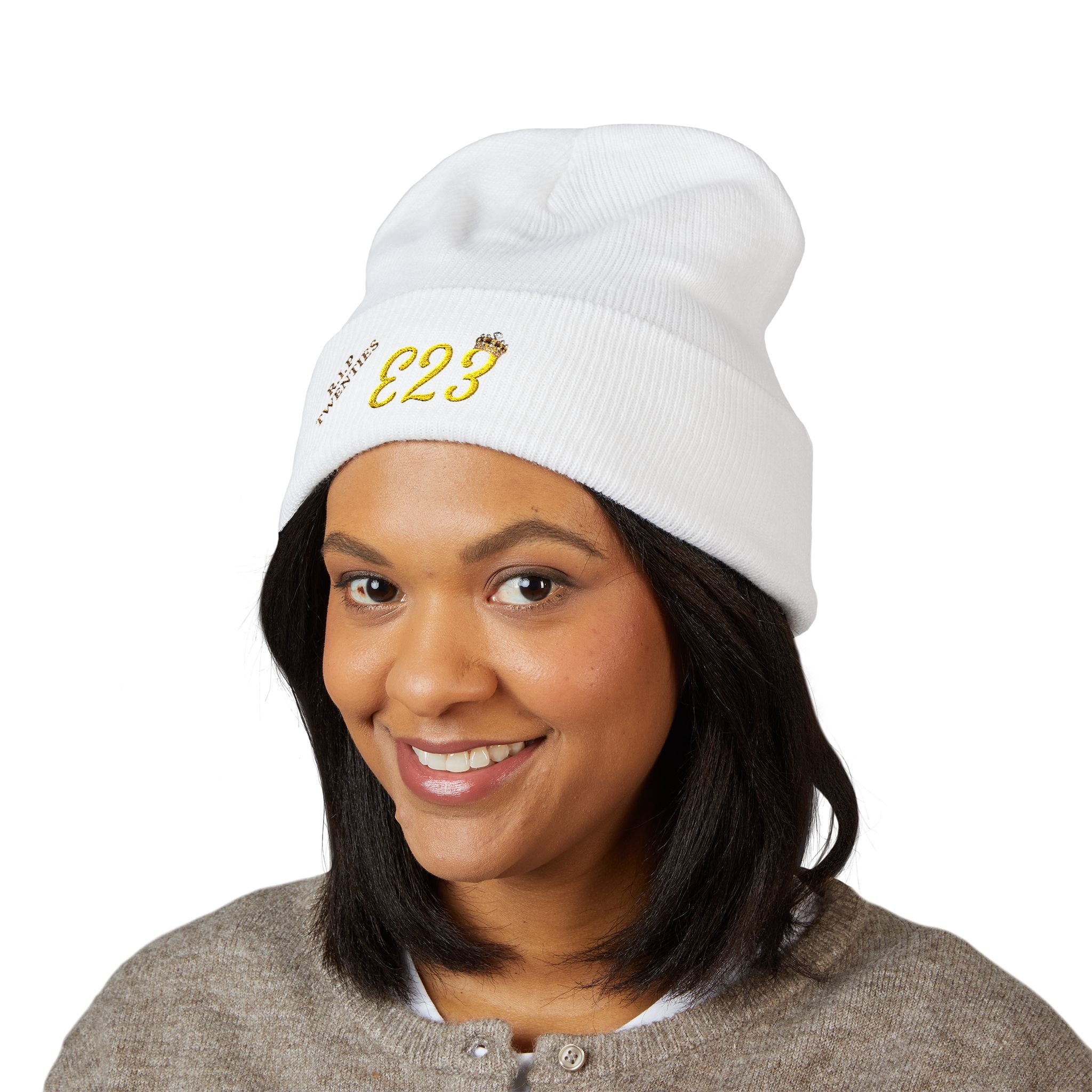 E23 Embroidered Cuffed Beanie — RIP Twenties Gold Script Knit Hat