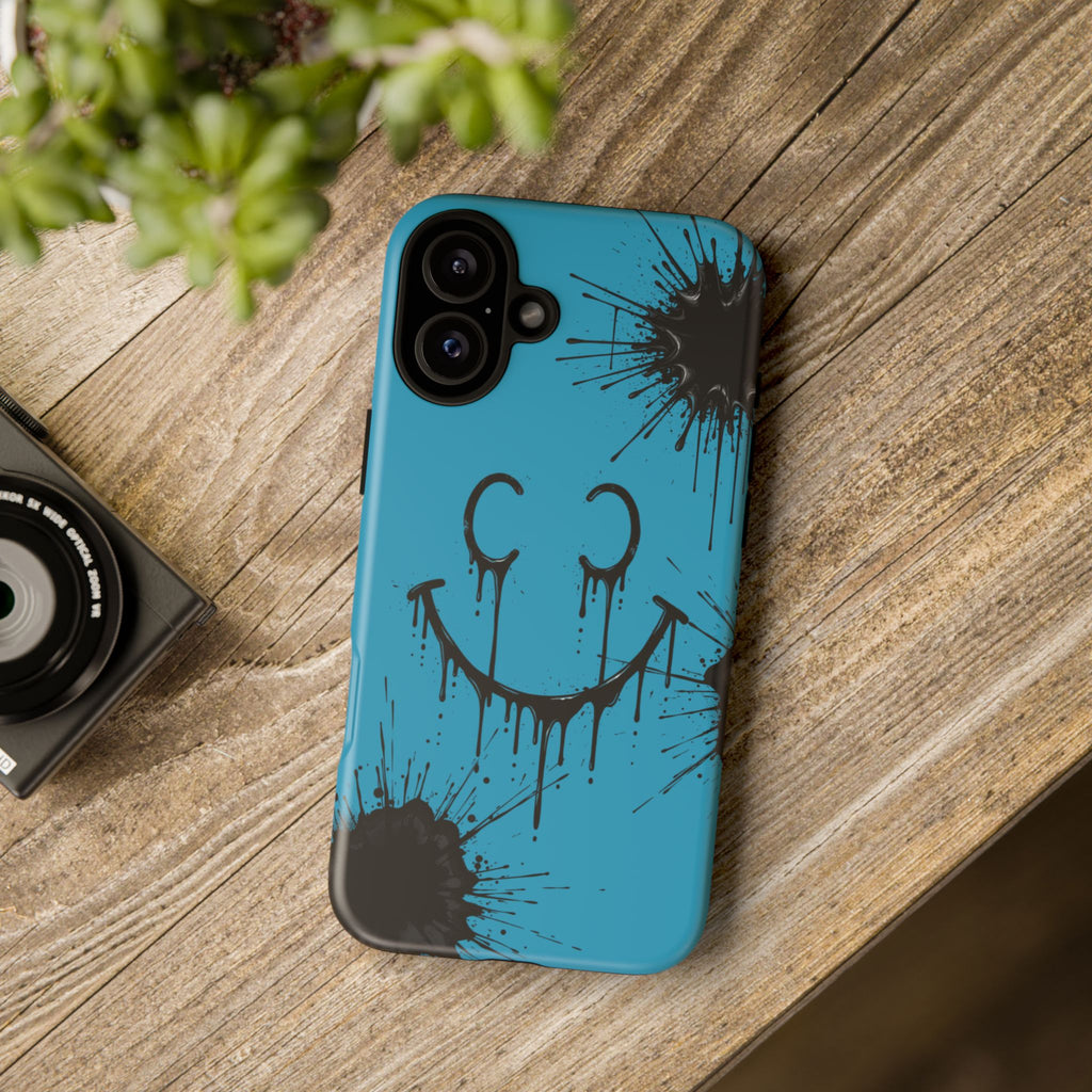 Protective Phone Case — Blue Drip Smile Splatter Design