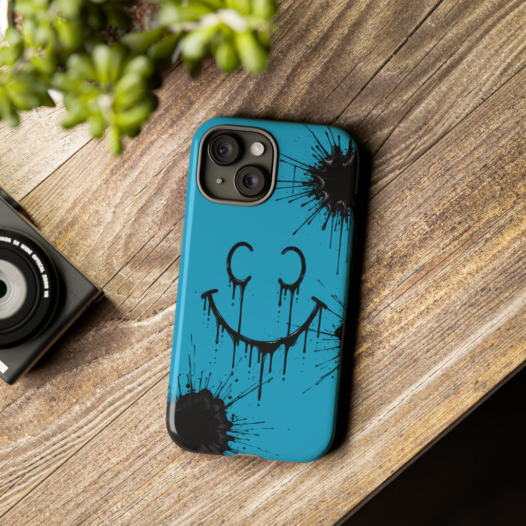 Protective Phone Case — Blue Drip Smile Splatter Design