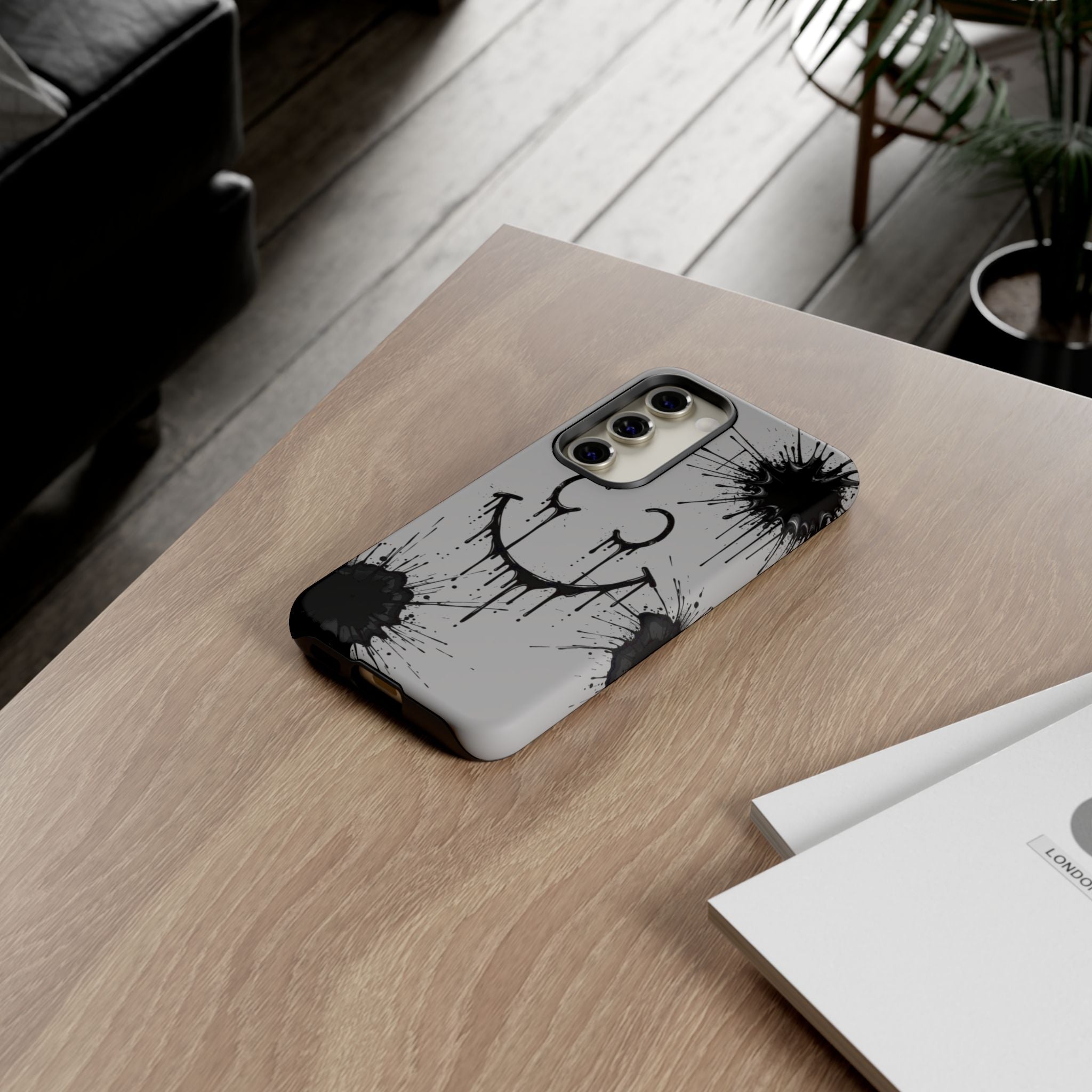 Protective Phone Case — Gray Drip Smile Splatter Design