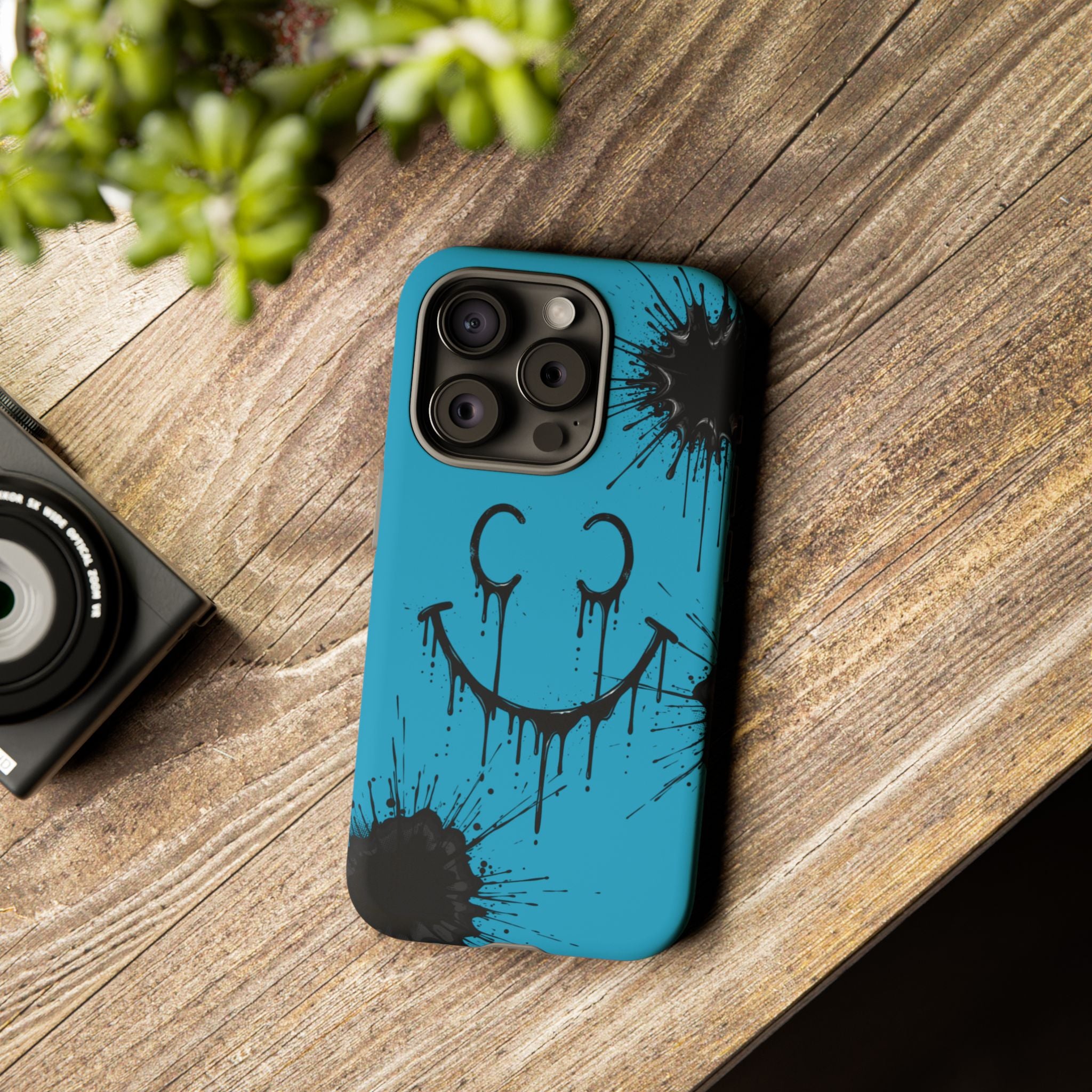 Protective Phone Case — Blue Drip Smile Splatter Design