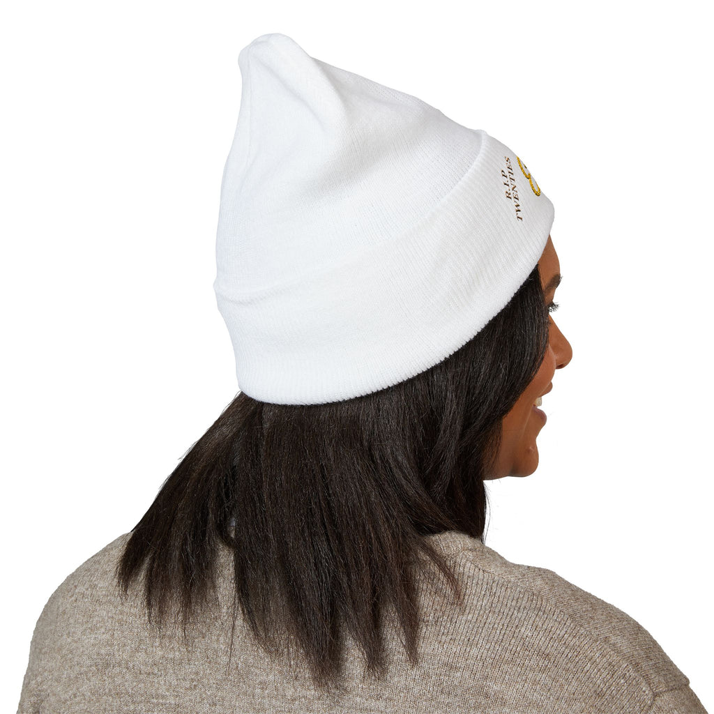 E23 Embroidered Cuffed Beanie — RIP Twenties Gold Script Knit Hat