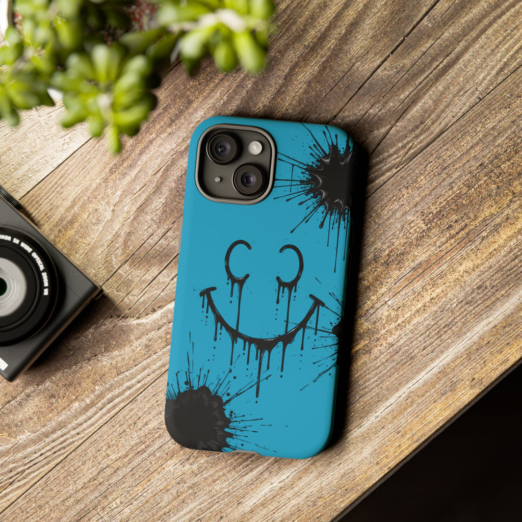 Protective Phone Case — Blue Drip Smile Splatter Design