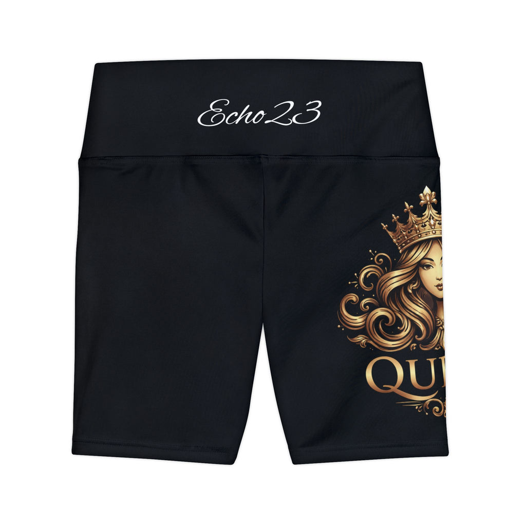 Queen Fitness Shorts — Women's Black High-Waist Workout Biker Shorts with Crown Graphic
